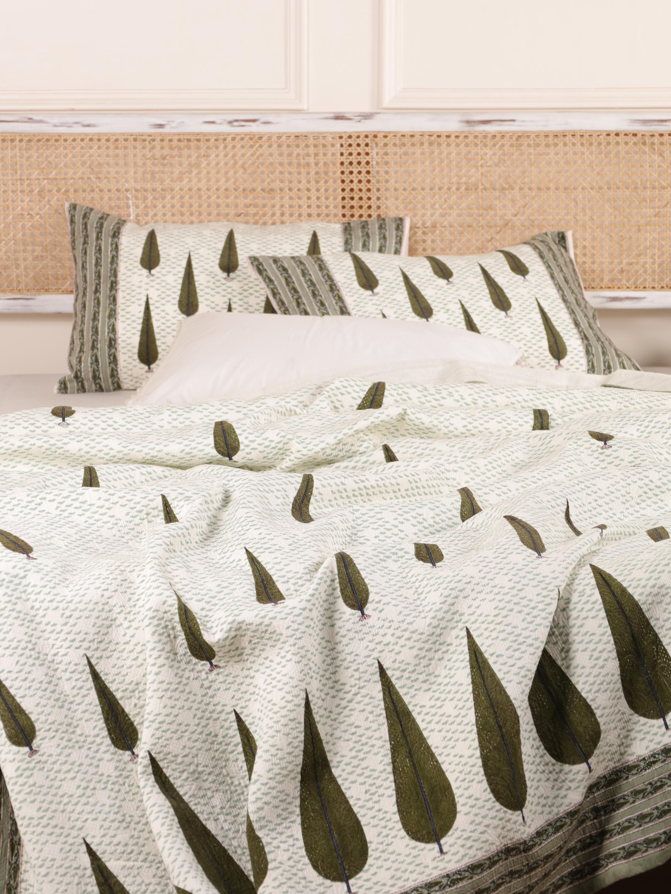 Handmade Jaipur Block Print Duvet Cover - King Size Boho Cotton Bedding Set with Dark Green Botanical