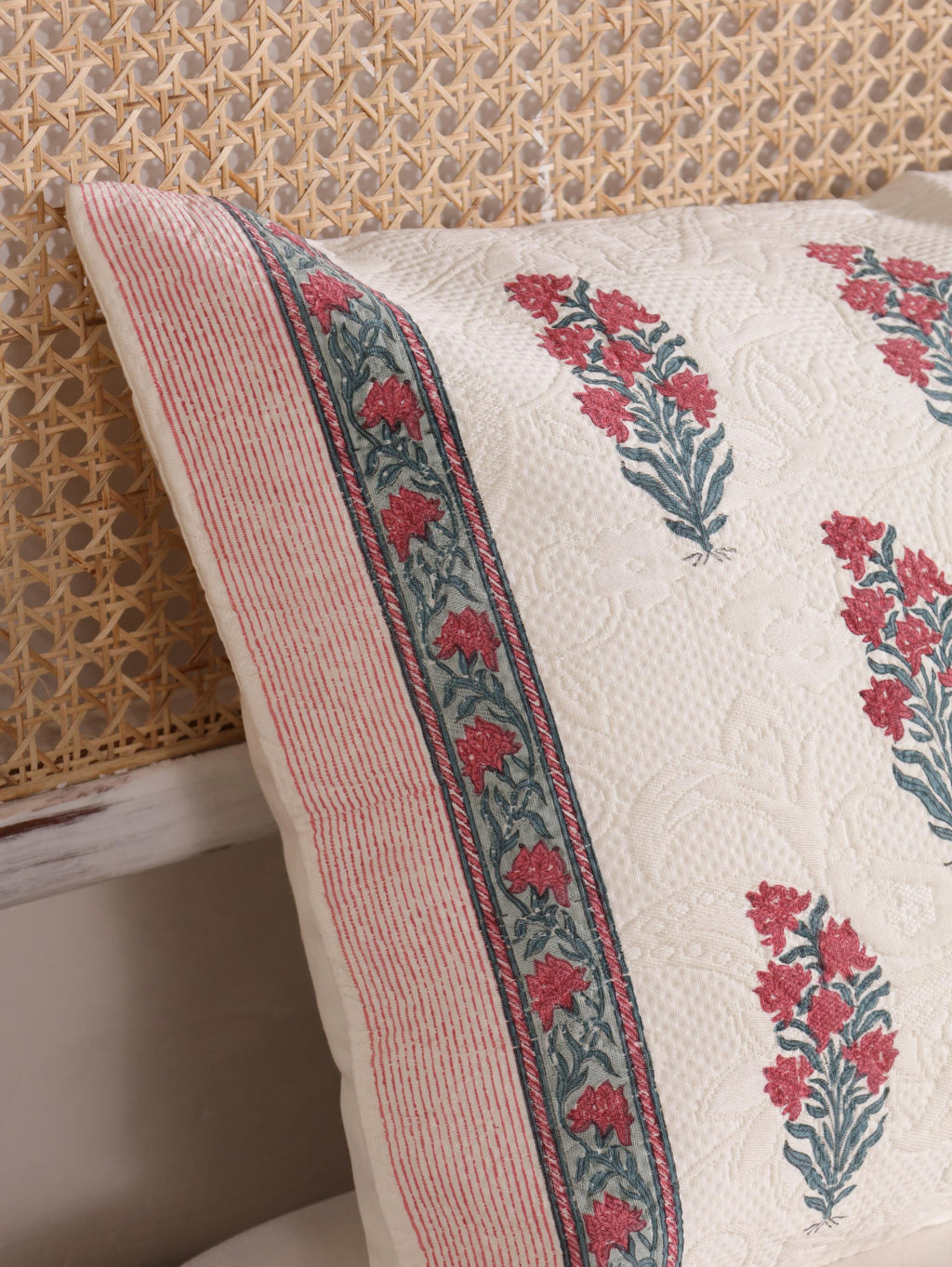 Handmade Jaipur Block Print Duvet Cover - King Size Boho Cotton Bedding Set with Red Pink Botanical