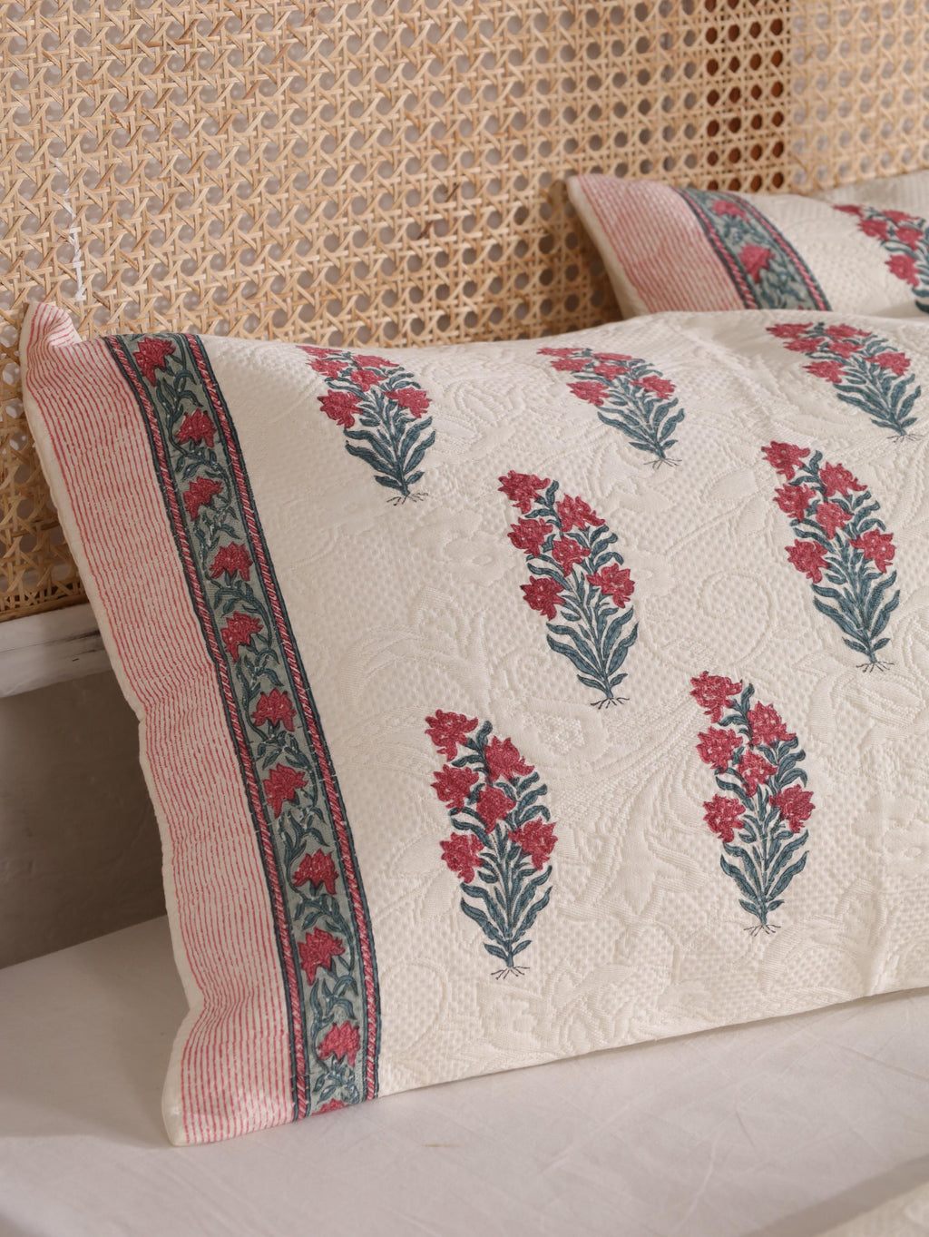Handmade Jaipur Block Print Duvet Cover - King Size Boho Cotton Bedding Set with Red Pink Botanical