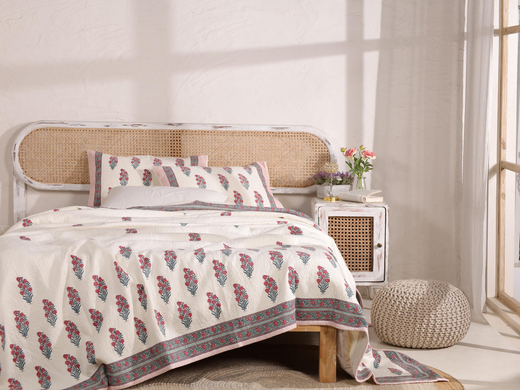 Handmade Jaipur Block Print Duvet Cover - King Size Boho Cotton Bedding Set with Red Pink Botanical