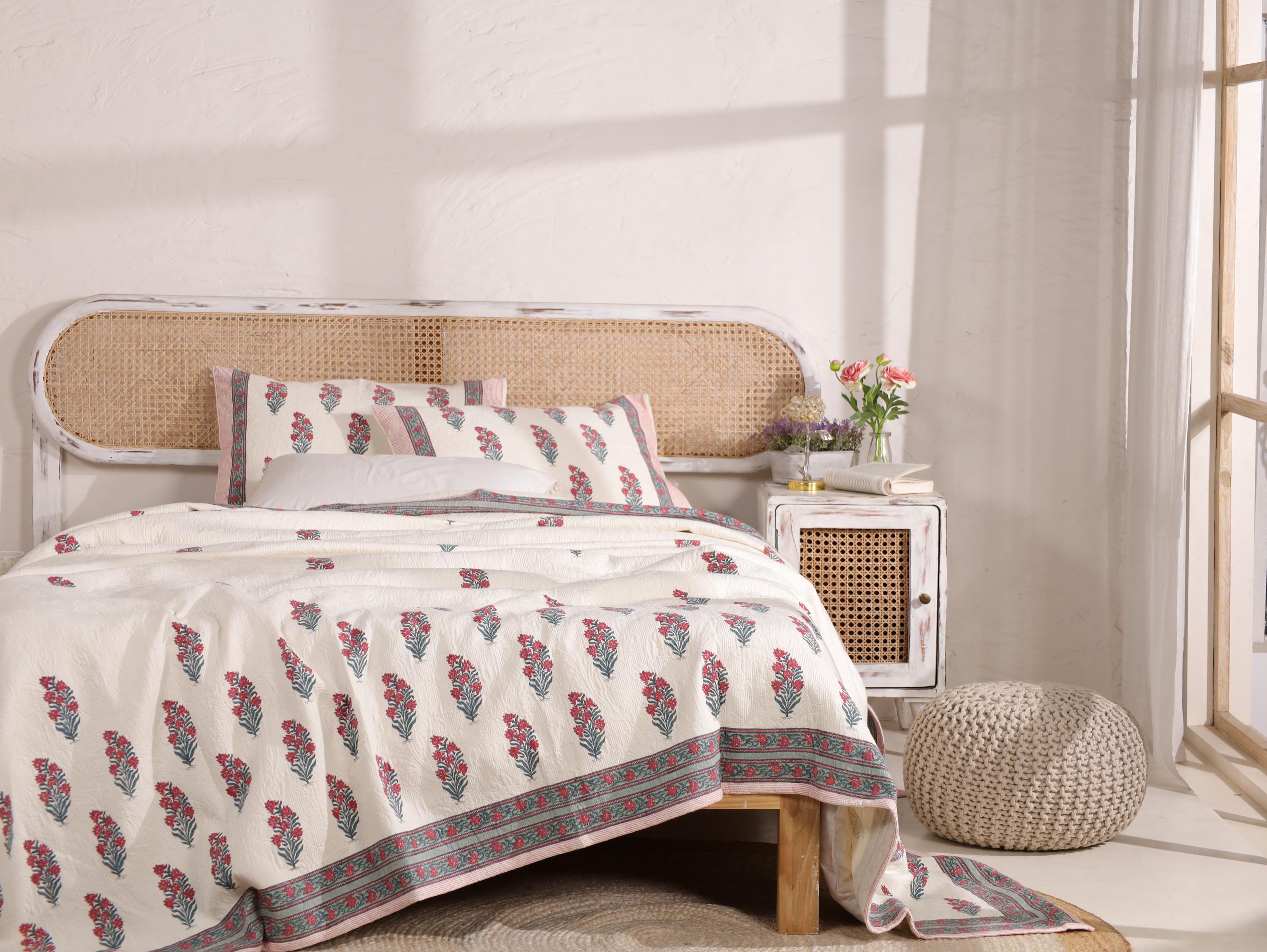 Handmade Jaipur Block Print Duvet Cover - King Size Boho Cotton Bedding Set with Red Pink Botanical