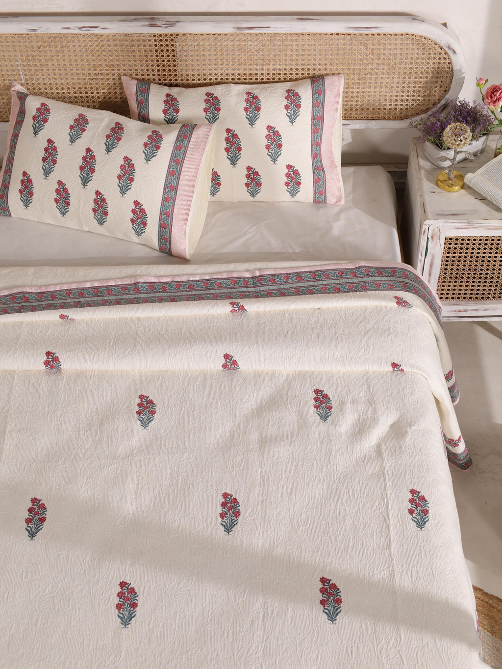 Handmade Jaipur Block Print Duvet Cover - King Size Boho Cotton Bedding Set with Red Pink Botanical