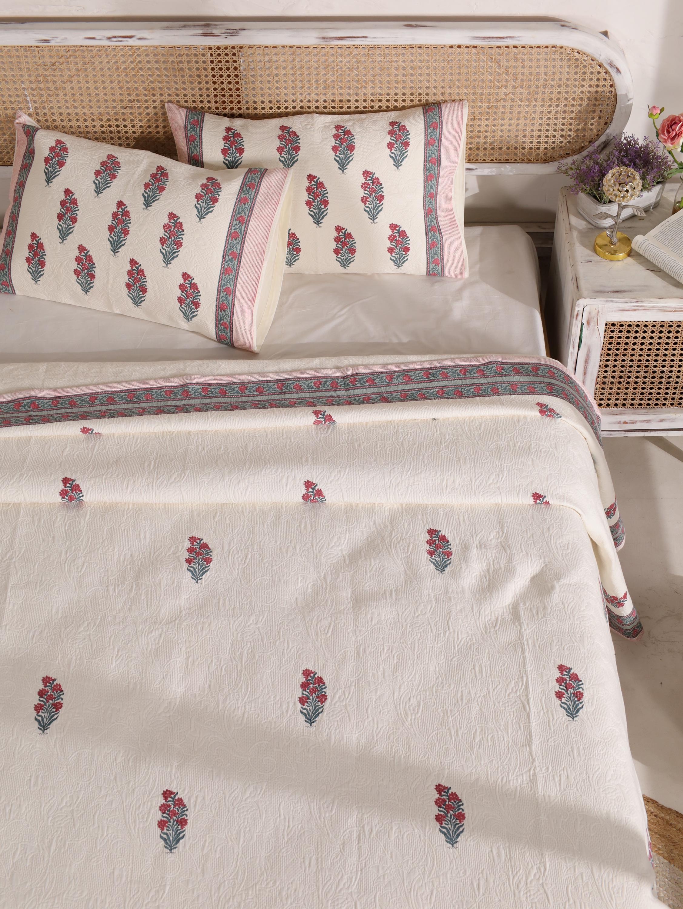 Handmade Jaipur Block Print Duvet Cover - King Size Boho Cotton Bedding Set with Red Pink Botanical