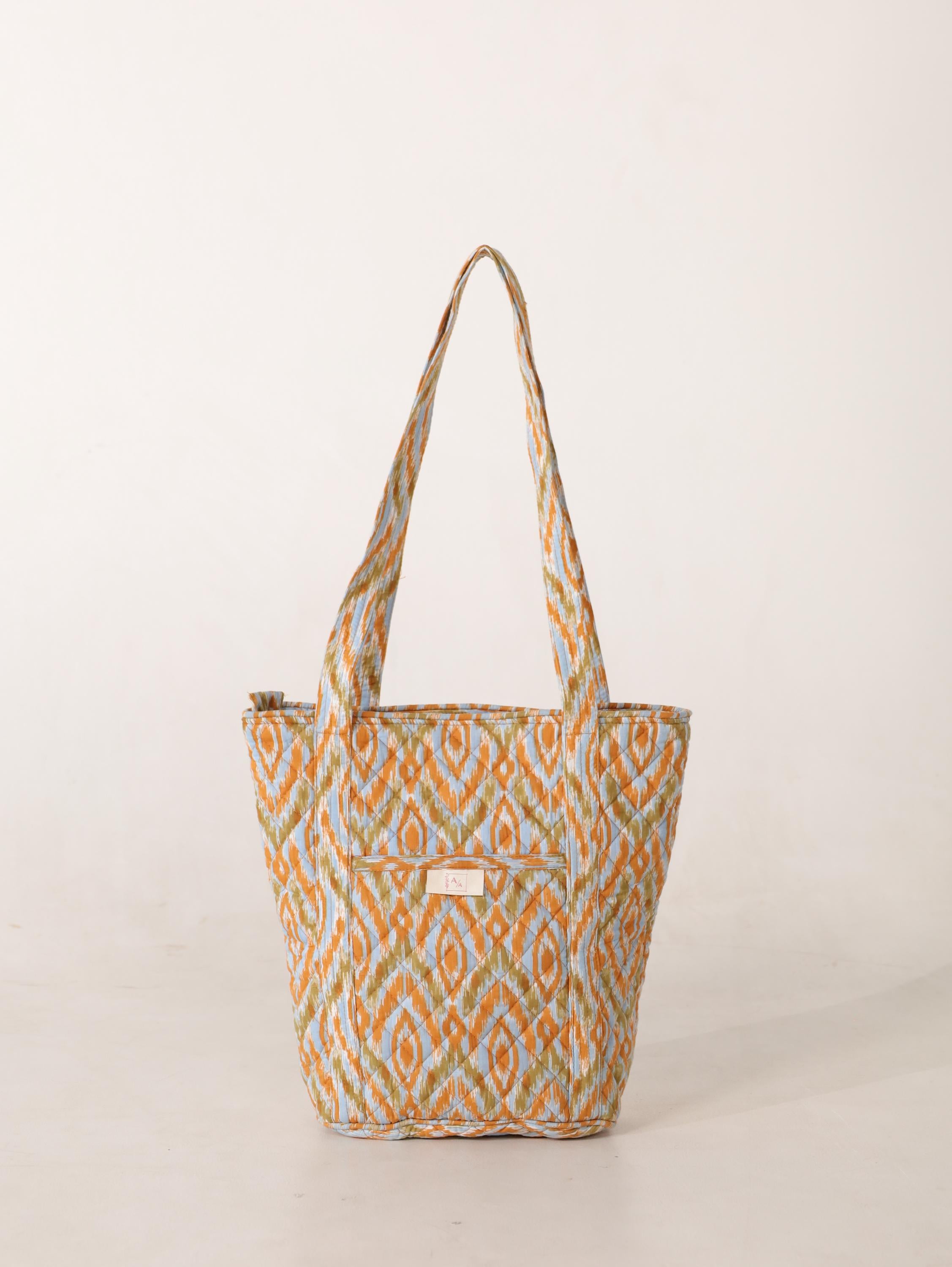 Luxury Handmade Tote Bag - Orange Yellow Geometric Ikat Block Print Sustainable Cotton Shopping Bag