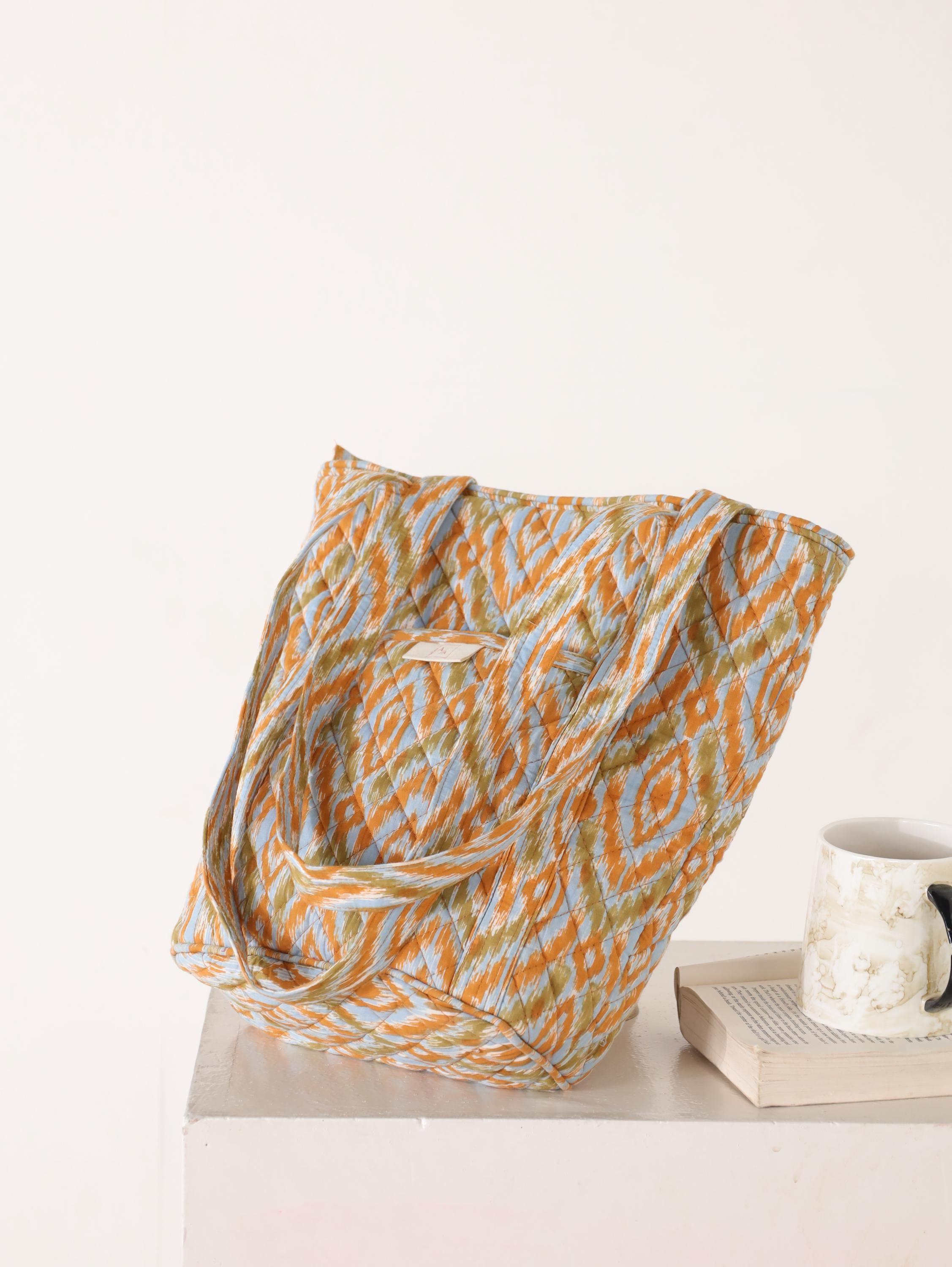 Luxury Handmade Tote Bag - Orange Yellow Geometric Ikat Block Print Sustainable Cotton Shopping Bag