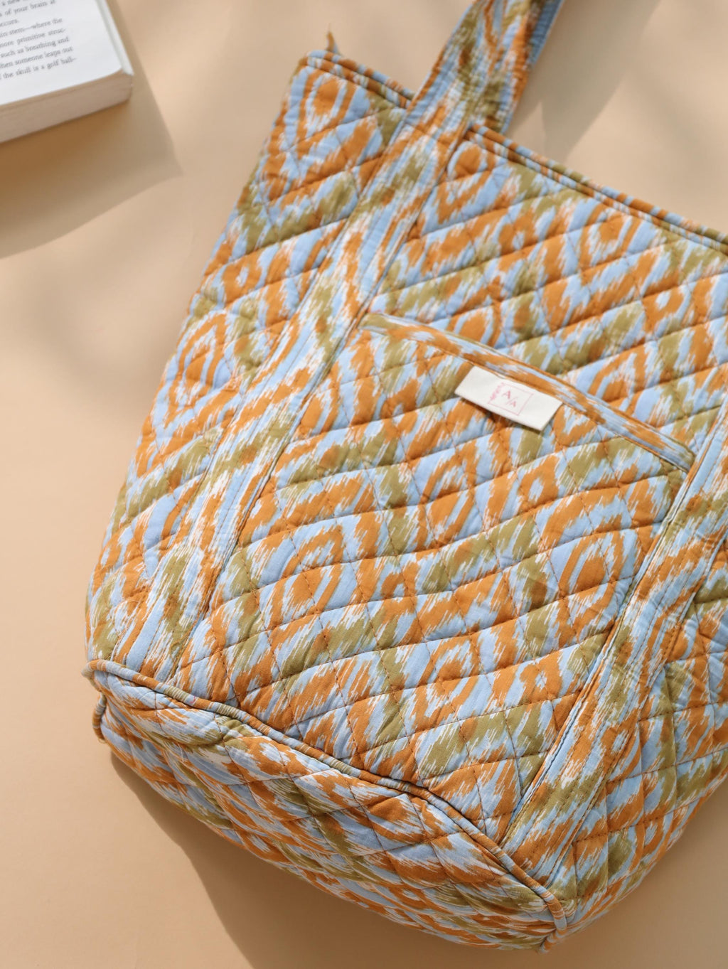 Luxury Handmade Tote Bag - Orange Yellow Geometric Ikat Block Print Sustainable Cotton Shopping Bag
