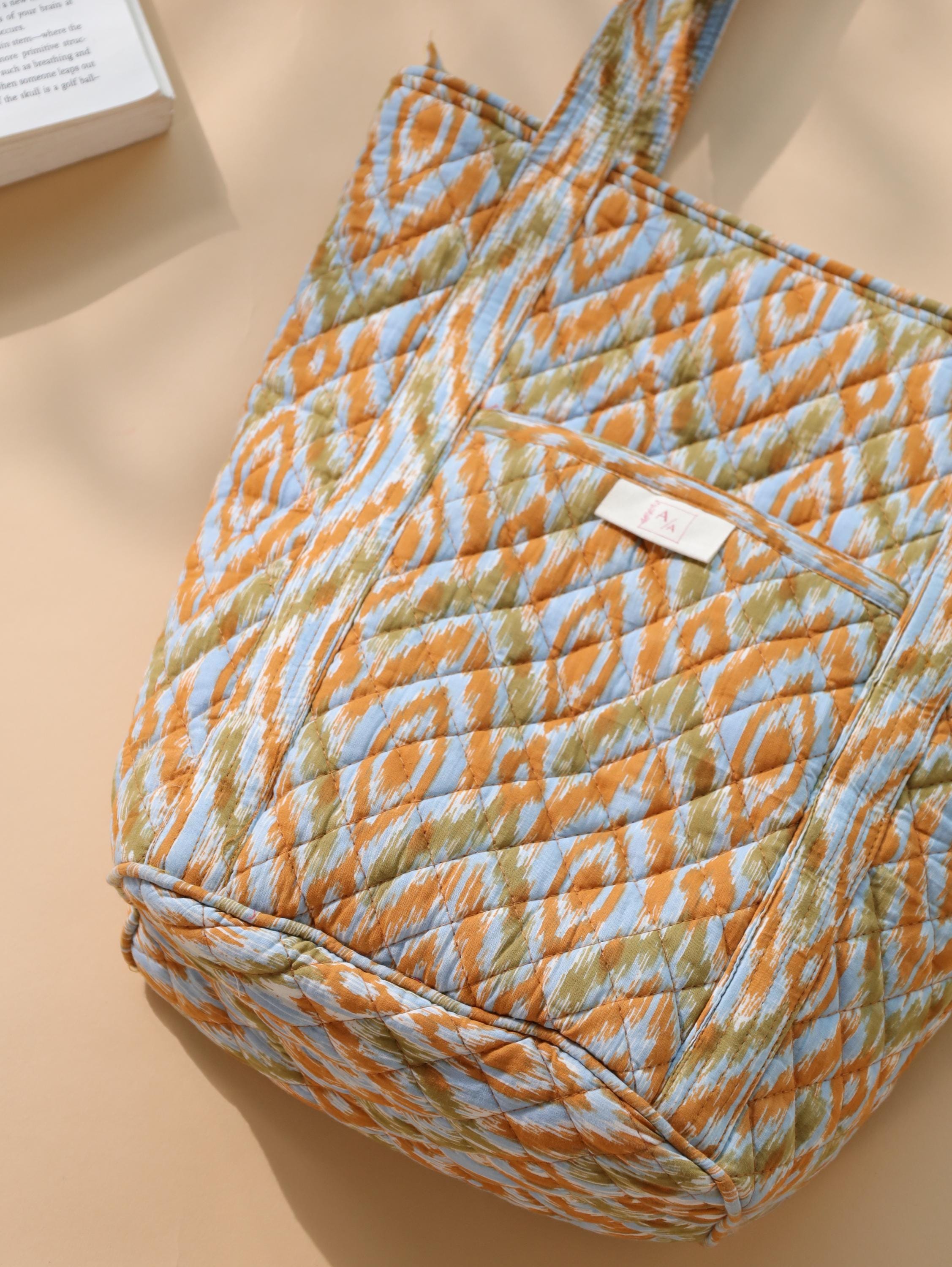 Luxury Handmade Tote Bag - Orange Yellow Geometric Ikat Block Print Sustainable Cotton Shopping Bag