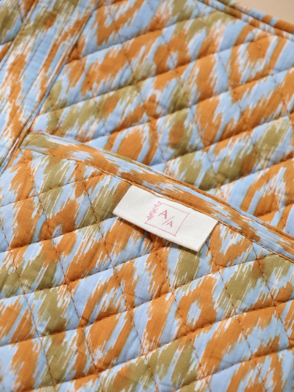 Luxury Handmade Tote Bag - Orange Yellow Geometric Ikat Block Print Sustainable Cotton Shopping Bag
