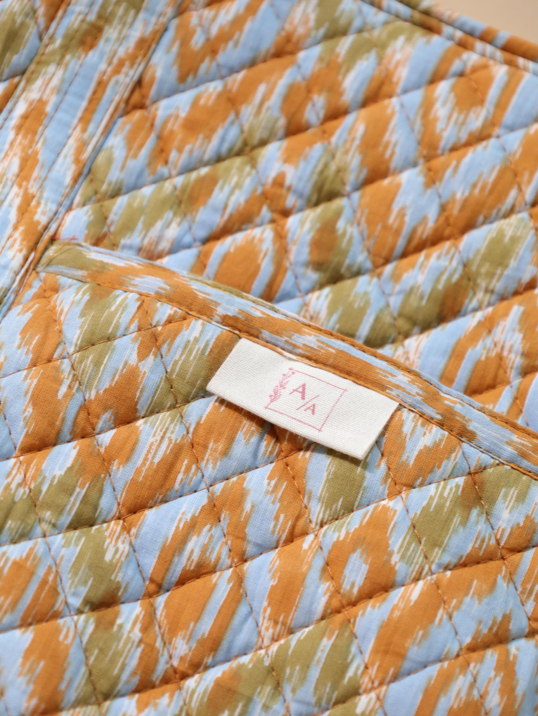 Luxury Handmade Tote Bag - Orange Yellow Geometric Ikat Block Print Sustainable Cotton Shopping Bag