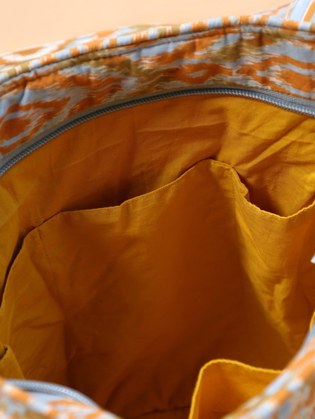 Luxury Handmade Tote Bag - Orange Yellow Geometric Ikat Block Print Sustainable Cotton Shopping Bag