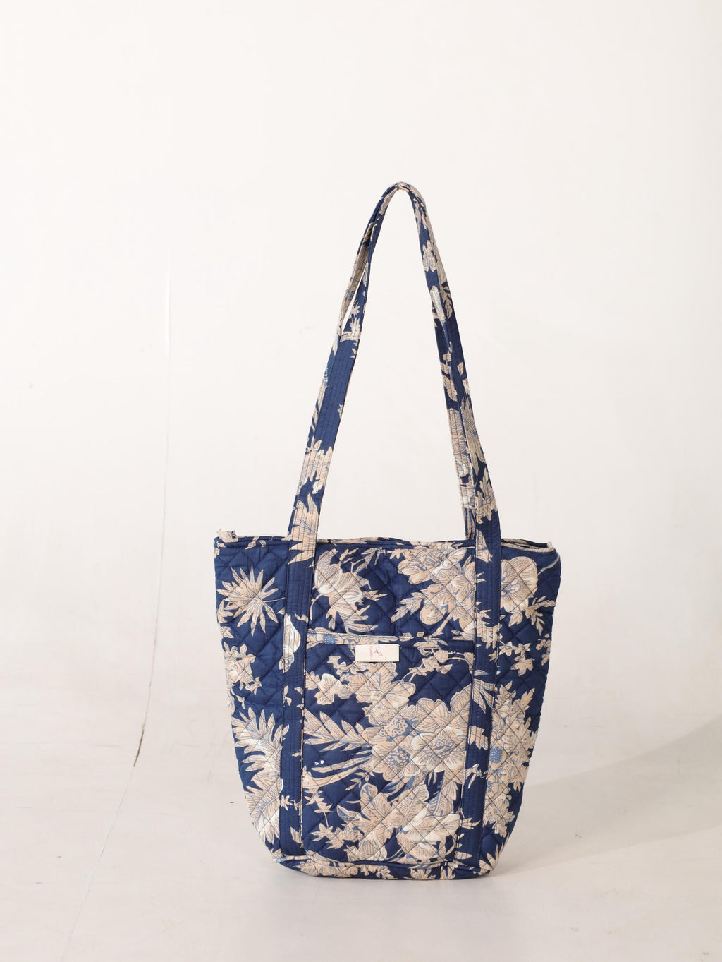 Luxury Handmade Tote Bag - Navy Blue White Floral Block Print Sustainable Cotton Shopping Bag