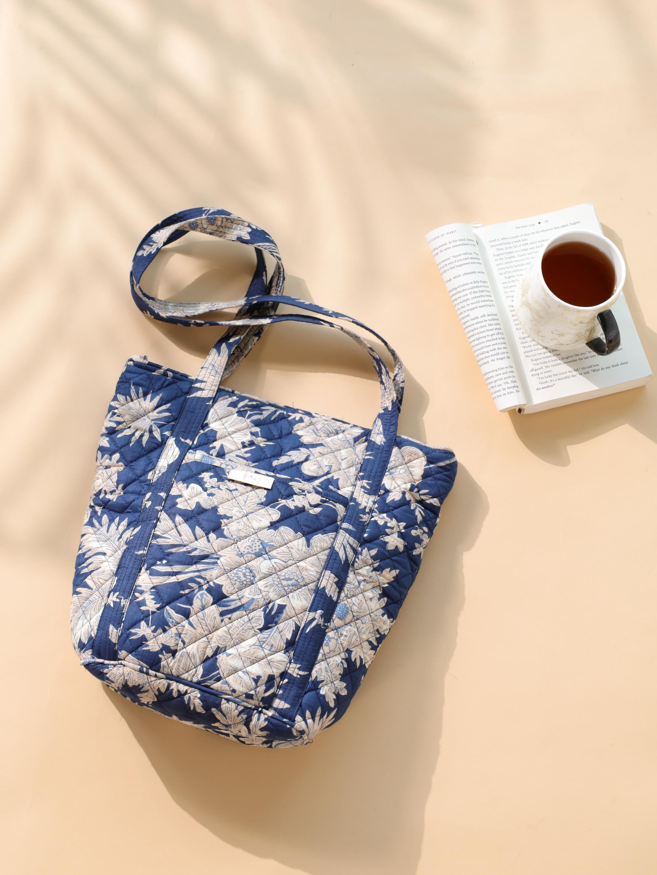 Luxury Handmade Tote Bag - Navy Blue White Floral Block Print Sustainable Cotton Shopping Bag