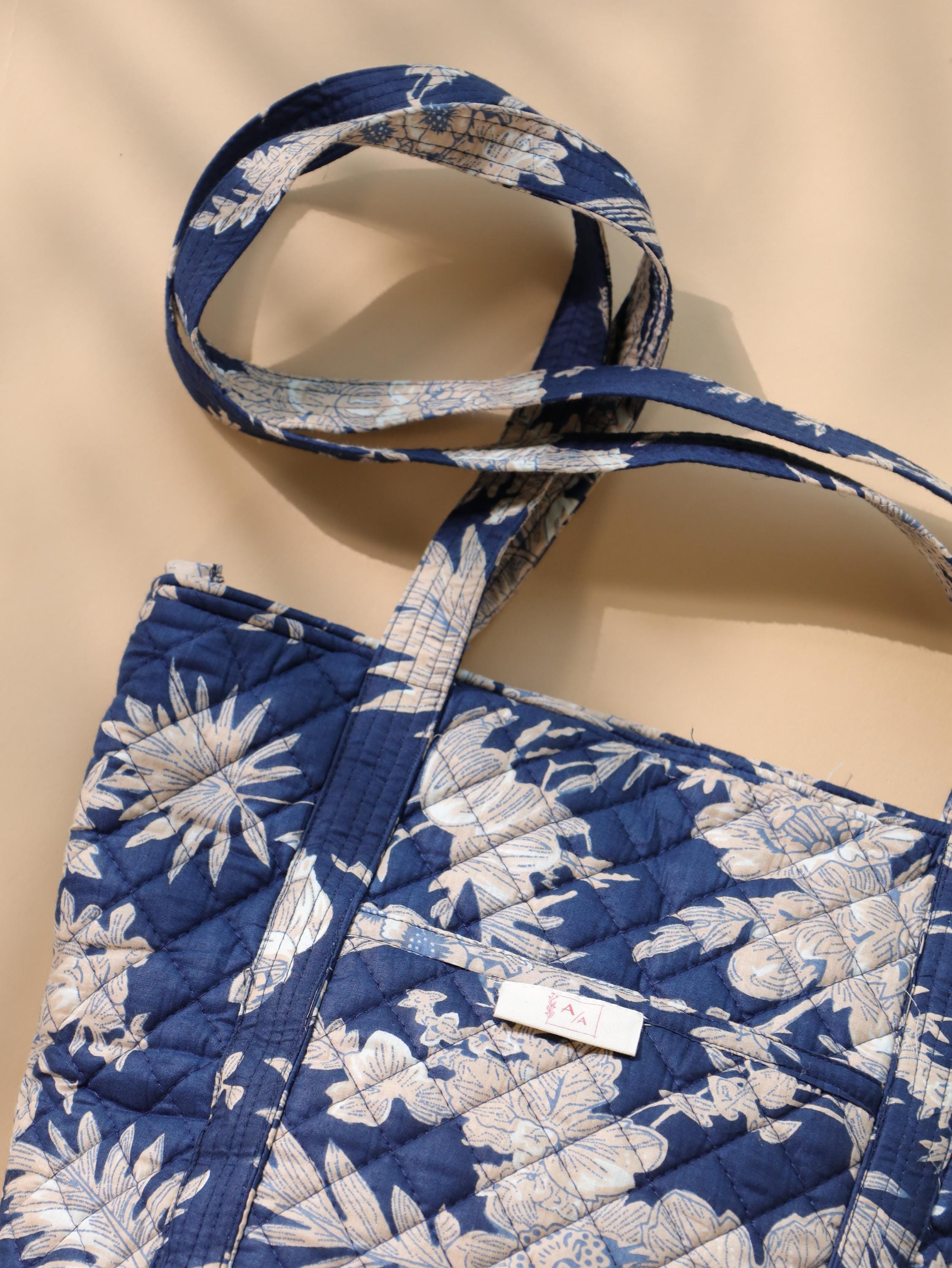 Luxury Handmade Tote Bag - Navy Blue White Floral Block Print Sustainable Cotton Shopping Bag