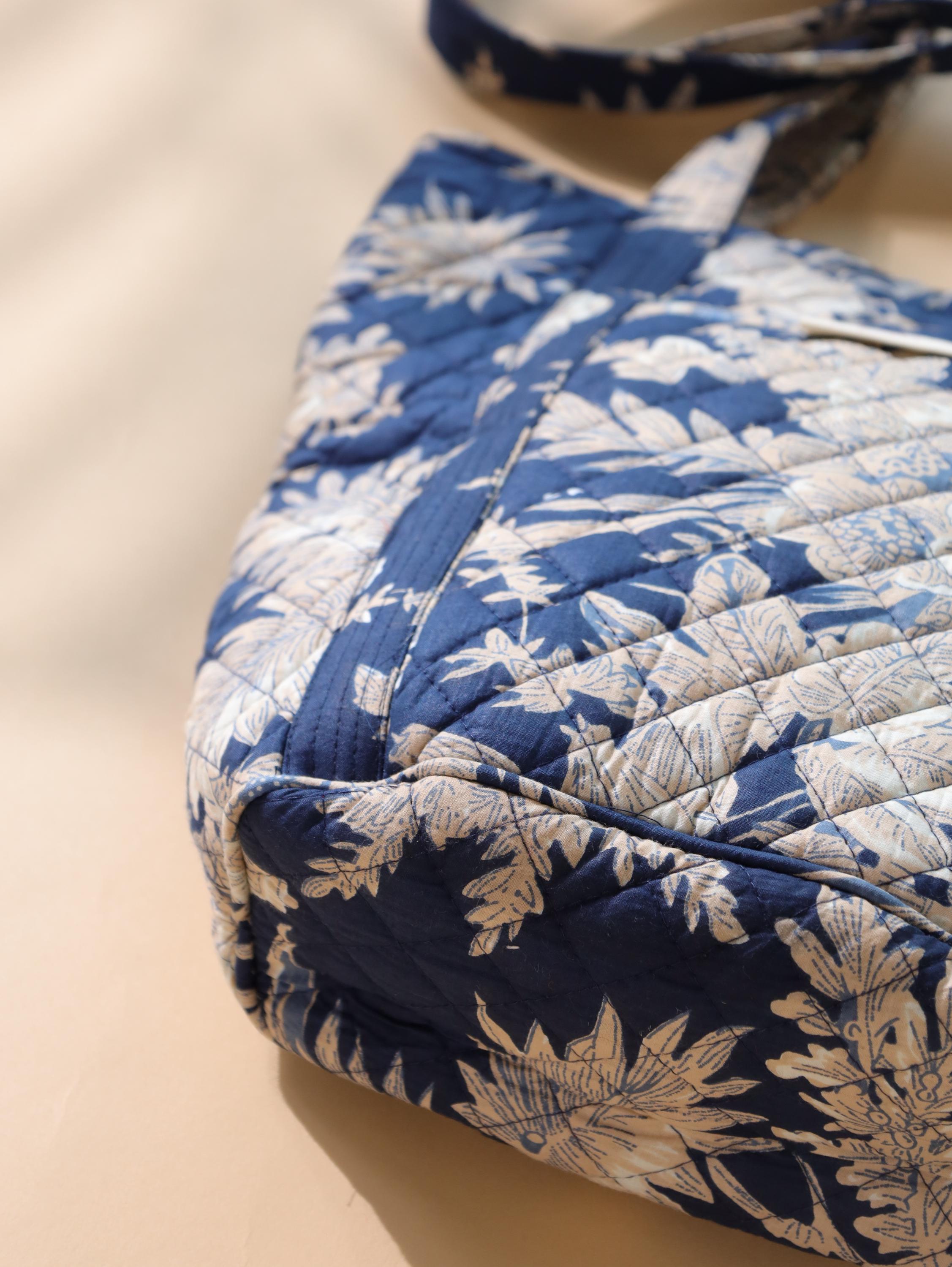 Luxury Handmade Tote Bag - Navy Blue White Floral Block Print Sustainable Cotton Shopping Bag