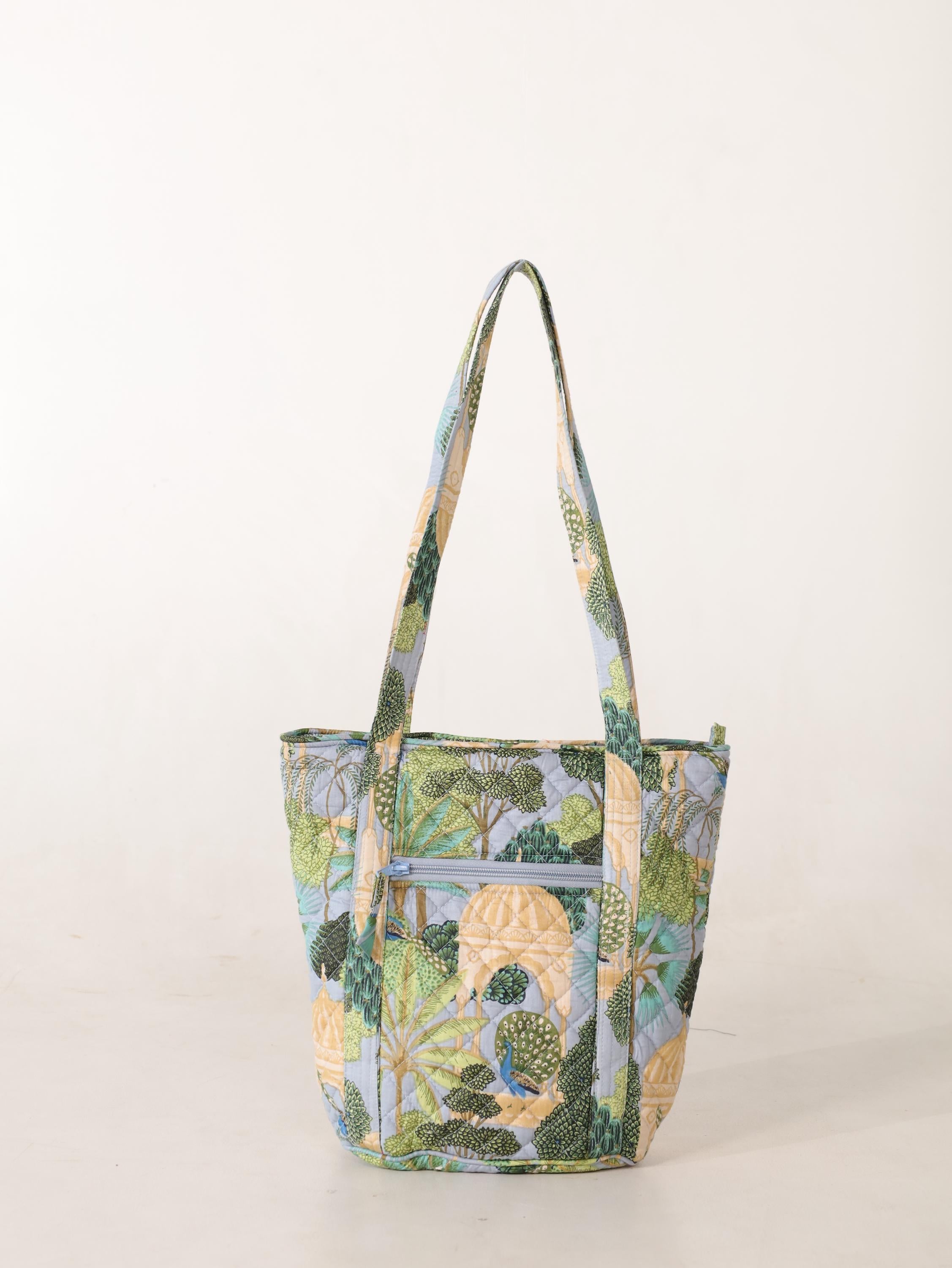 Luxury Handmade Tote Bag - Green Teal Cactus Floral Block Print Sustainable Cotton Shopping Bag