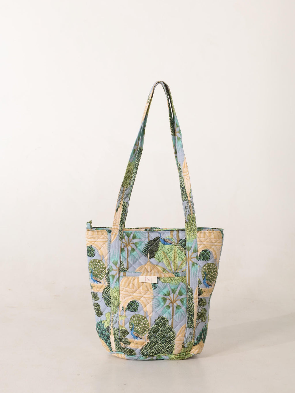 Luxury Handmade Tote Bag - Green Teal Cactus Floral Block Print Sustainable Cotton Shopping Bag