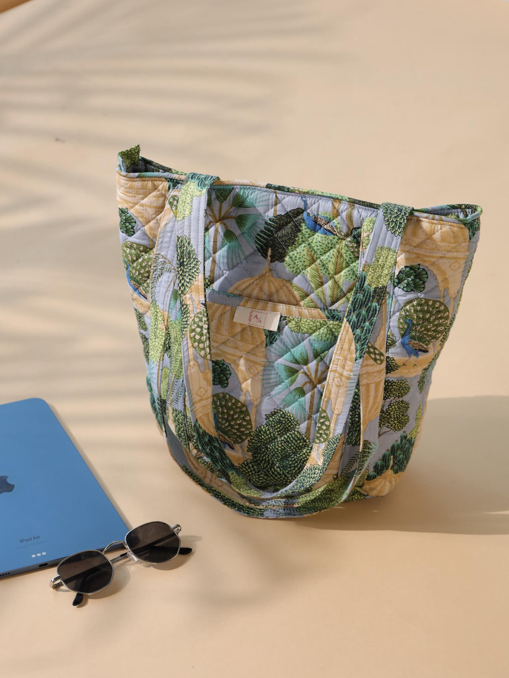 Luxury Handmade Tote Bag - Green Teal Cactus Floral Block Print Sustainable Cotton Shopping Bag
