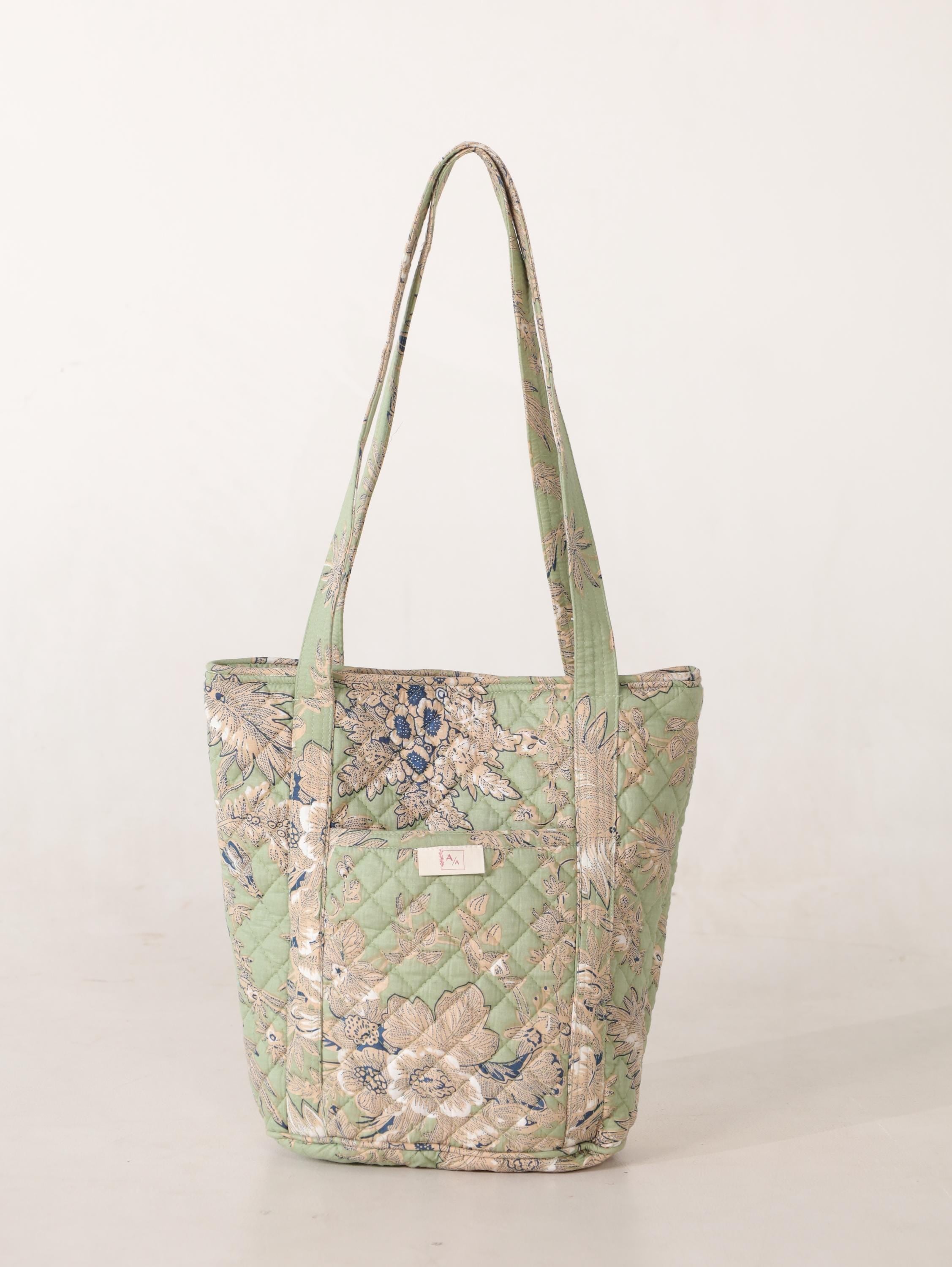 Luxury Handmade Tote Bag - Light Green Sage Quilted Floral Block Print Sustainable Cotton Shopping Bag