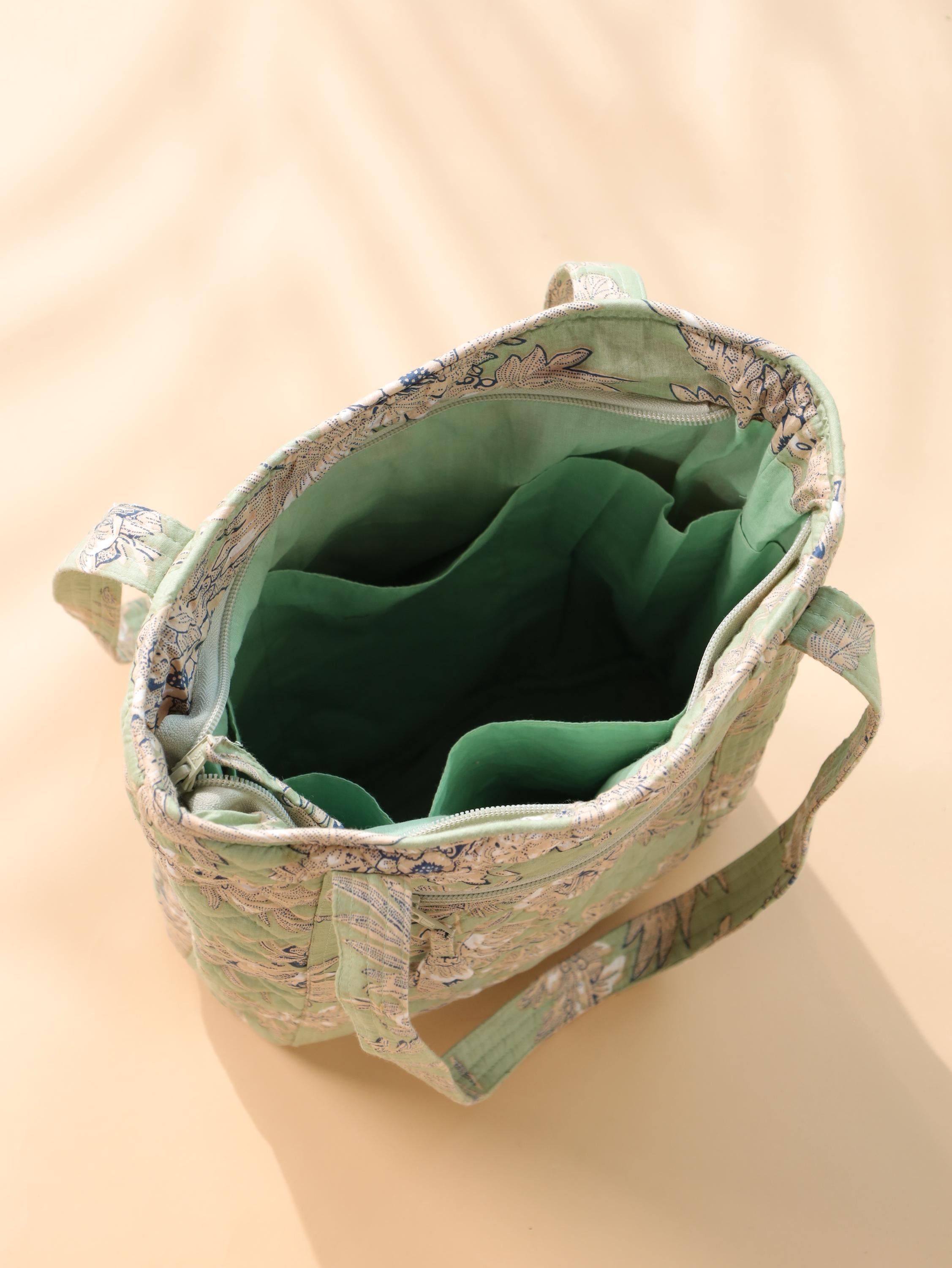 Luxury Handmade Tote Bag - Light Green Sage Quilted Floral Block Print Sustainable Cotton Shopping Bag
