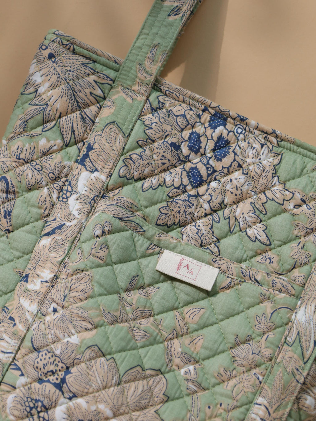 Luxury Handmade Tote Bag - Light Green Sage Quilted Floral Block Print Sustainable Cotton Shopping Bag