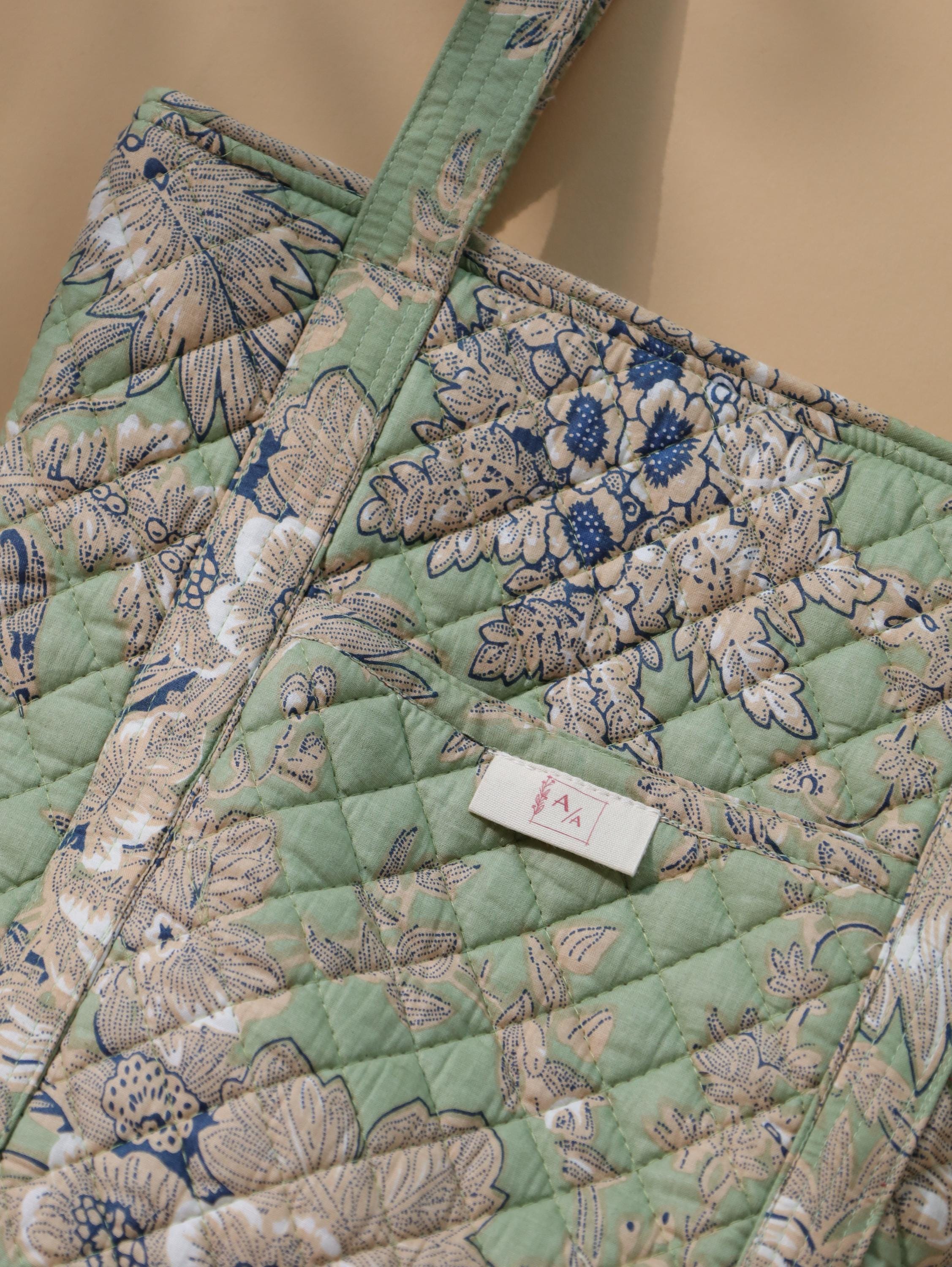 Luxury Handmade Tote Bag - Light Green Sage Quilted Floral Block Print Sustainable Cotton Shopping Bag