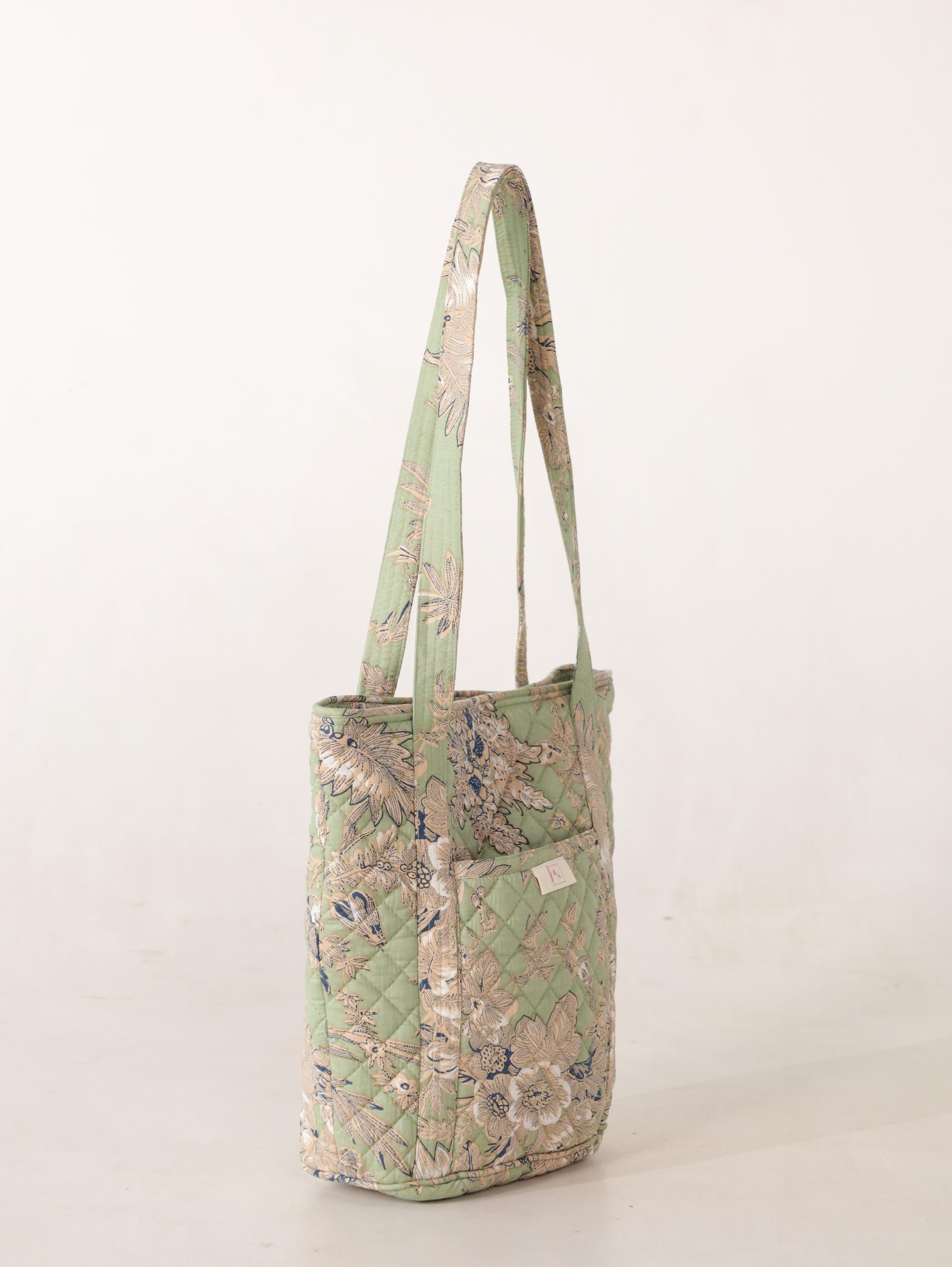 Luxury Handmade Tote Bag - Light Green Sage Quilted Floral Block Print Sustainable Cotton Shopping Bag