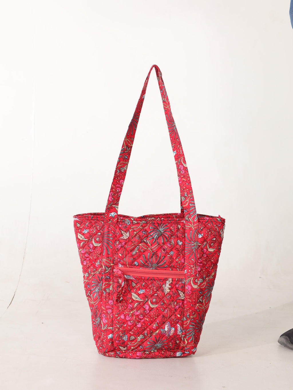 Luxury Handmade Tote Bag - Red Floral Block Print Sustainable Cotton Shopping Bag