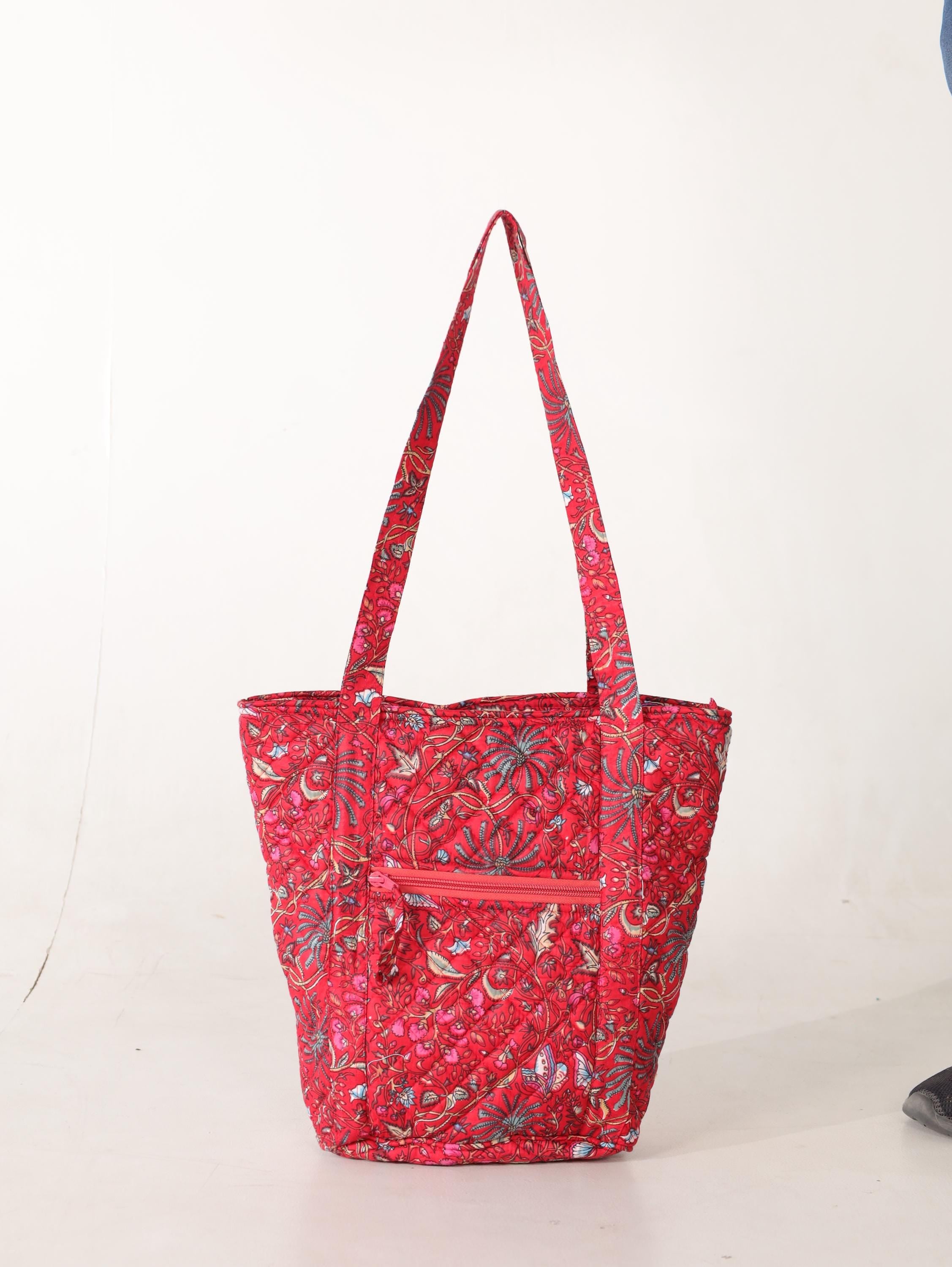 Luxury Handmade Tote Bag - Red Floral Block Print Sustainable Cotton Shopping Bag