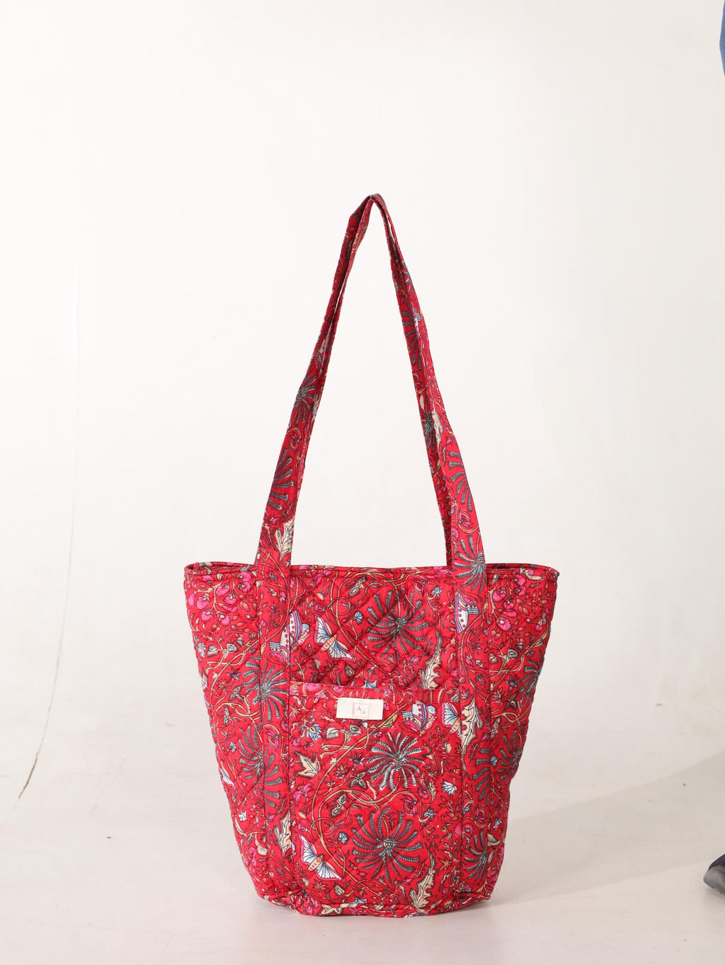 Luxury Handmade Tote Bag - Red Floral Block Print Sustainable Cotton Shopping Bag