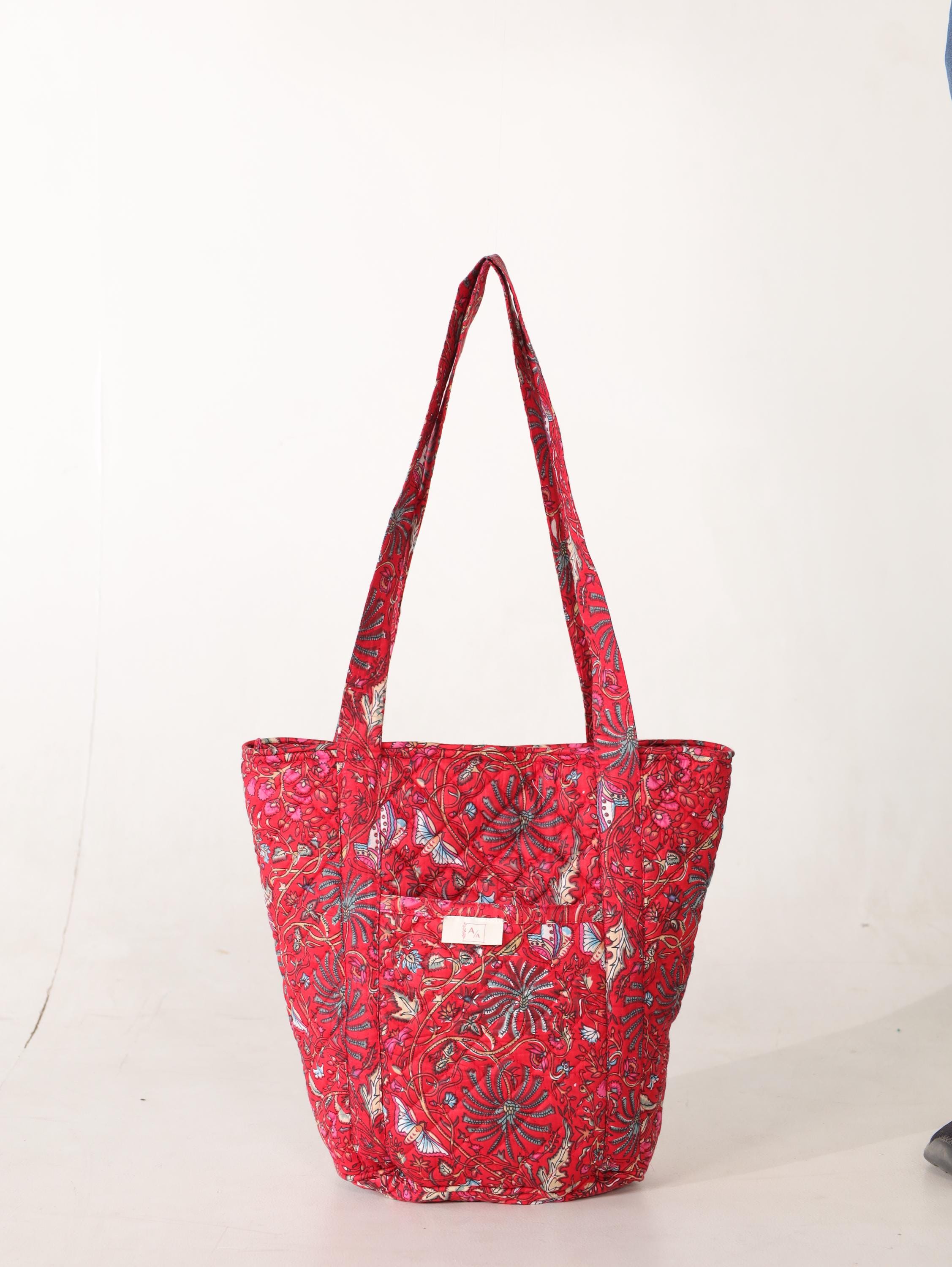 Luxury Handmade Tote Bag - Red Floral Block Print Sustainable Cotton Shopping Bag