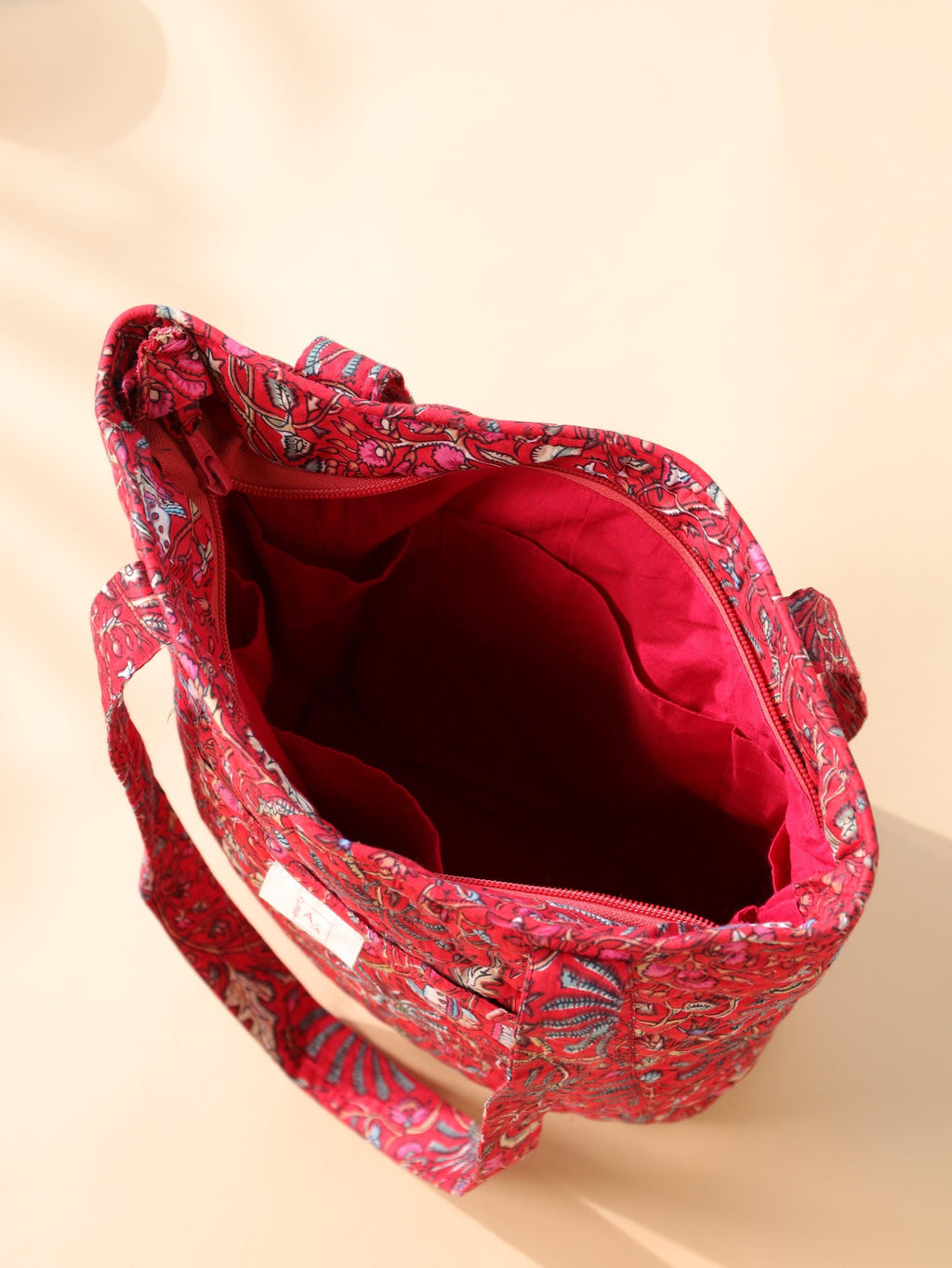 Luxury Handmade Tote Bag - Red Floral Block Print Sustainable Cotton Shopping Bag