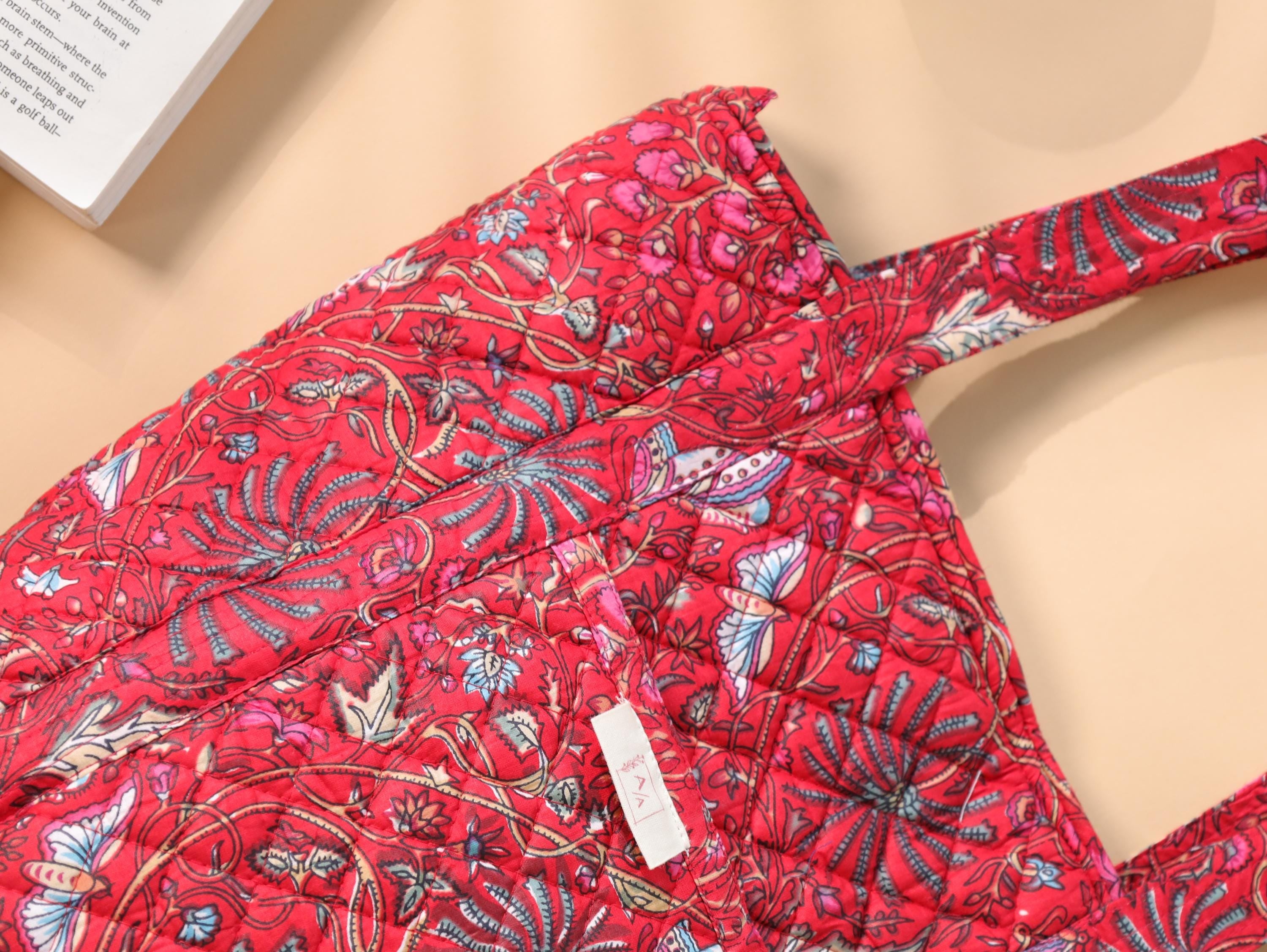 Luxury Handmade Tote Bag - Red Floral Block Print Sustainable Cotton Shopping Bag