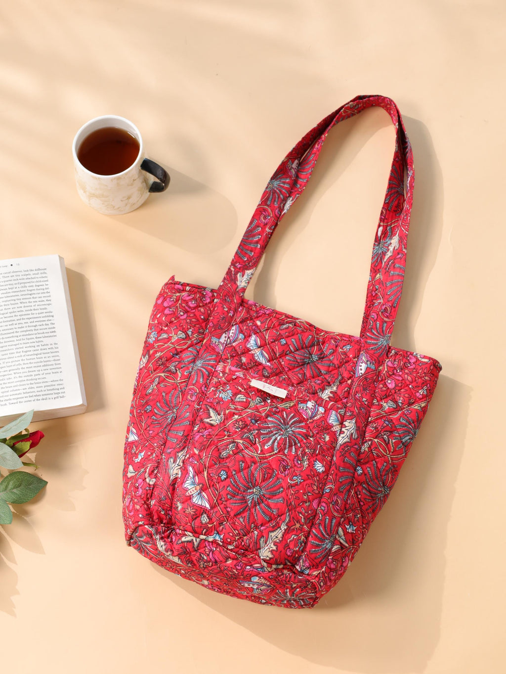 Luxury Handmade Tote Bag - Red Floral Block Print Sustainable Cotton Shopping Bag