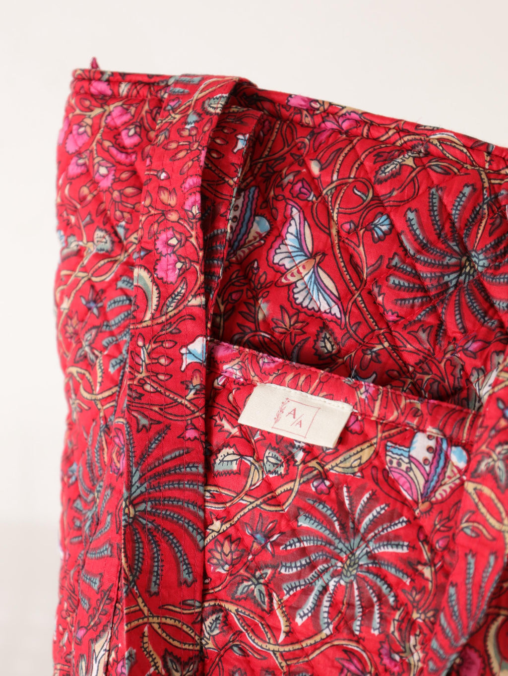 Luxury Handmade Tote Bag - Red Floral Block Print Sustainable Cotton Shopping Bag