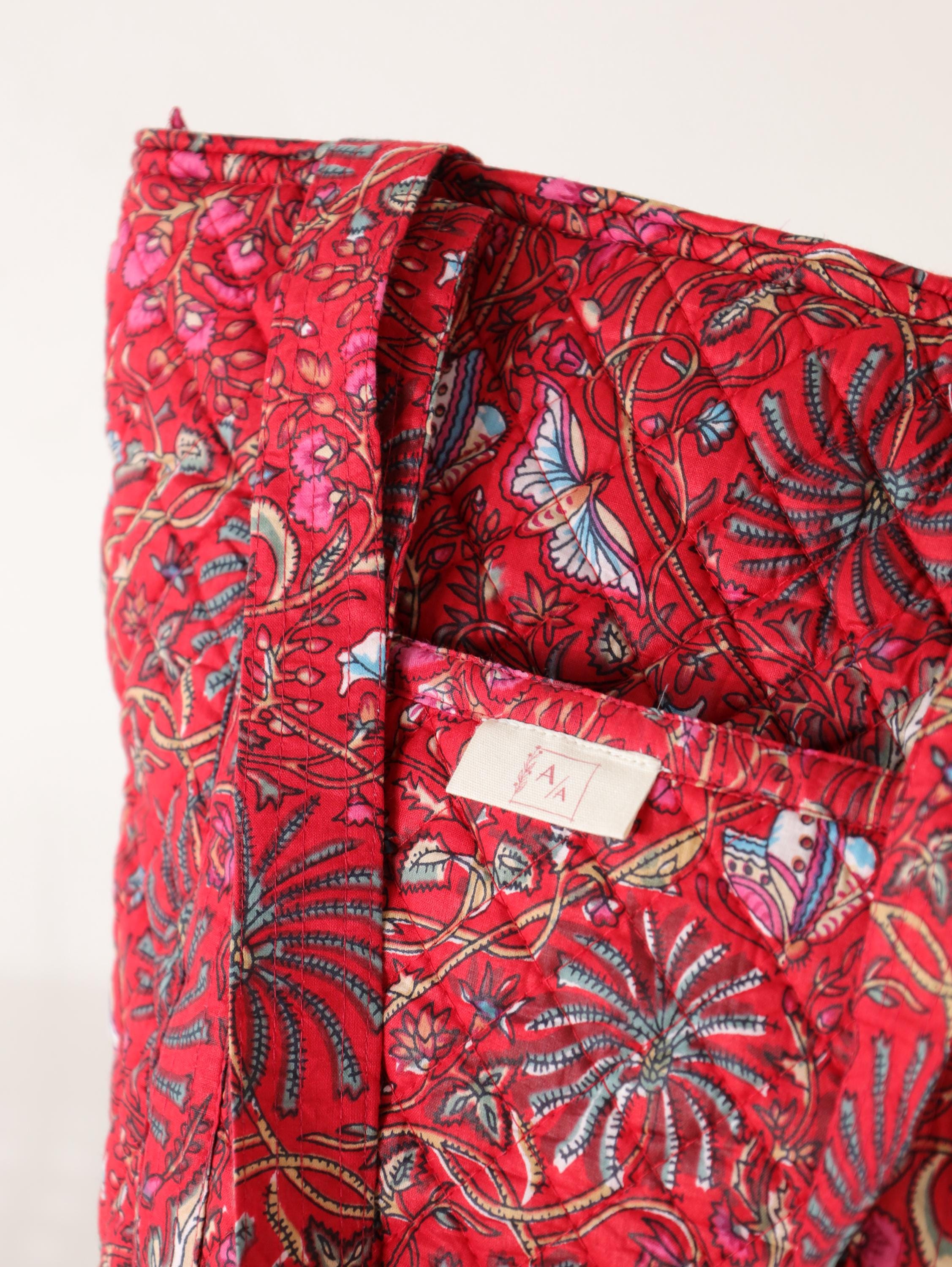 Luxury Handmade Tote Bag - Red Floral Block Print Sustainable Cotton Shopping Bag