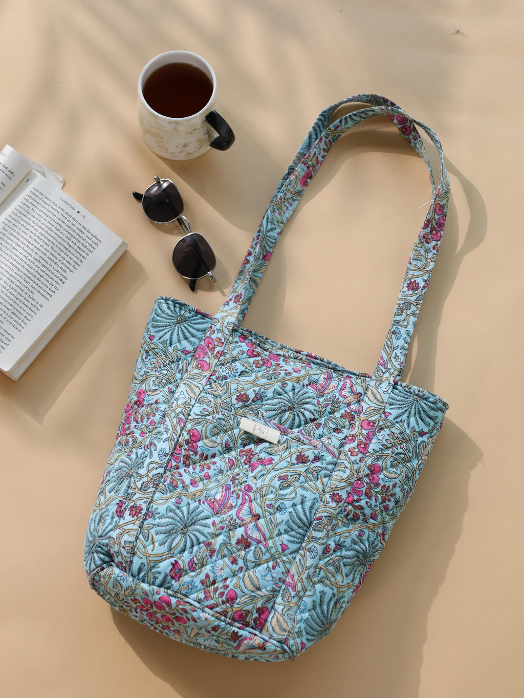 Luxury Handmade Tote Bag - Aqua Teal Pink Floral Block Print Sustainable Cotton Shopping Bag