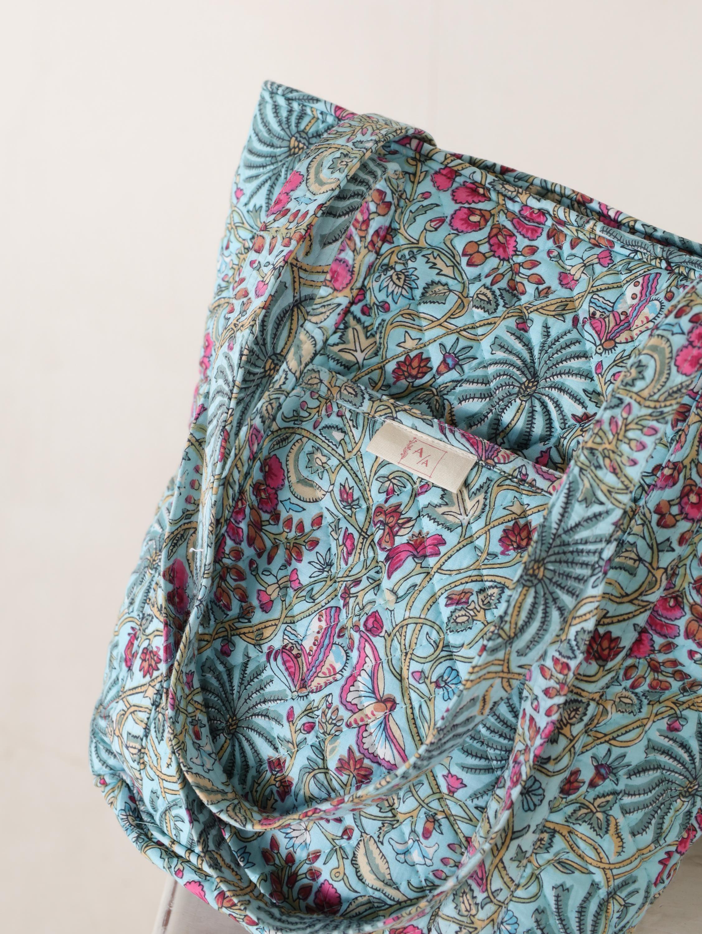 Luxury Handmade Tote Bag - Aqua Teal Pink Floral Block Print Sustainable Cotton Shopping Bag