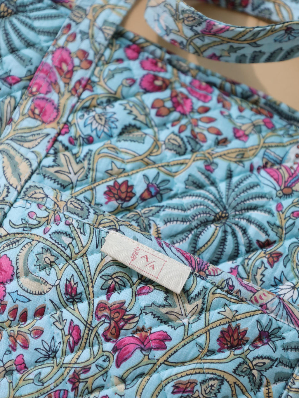Luxury Handmade Tote Bag - Aqua Teal Pink Floral Block Print Sustainable Cotton Shopping Bag