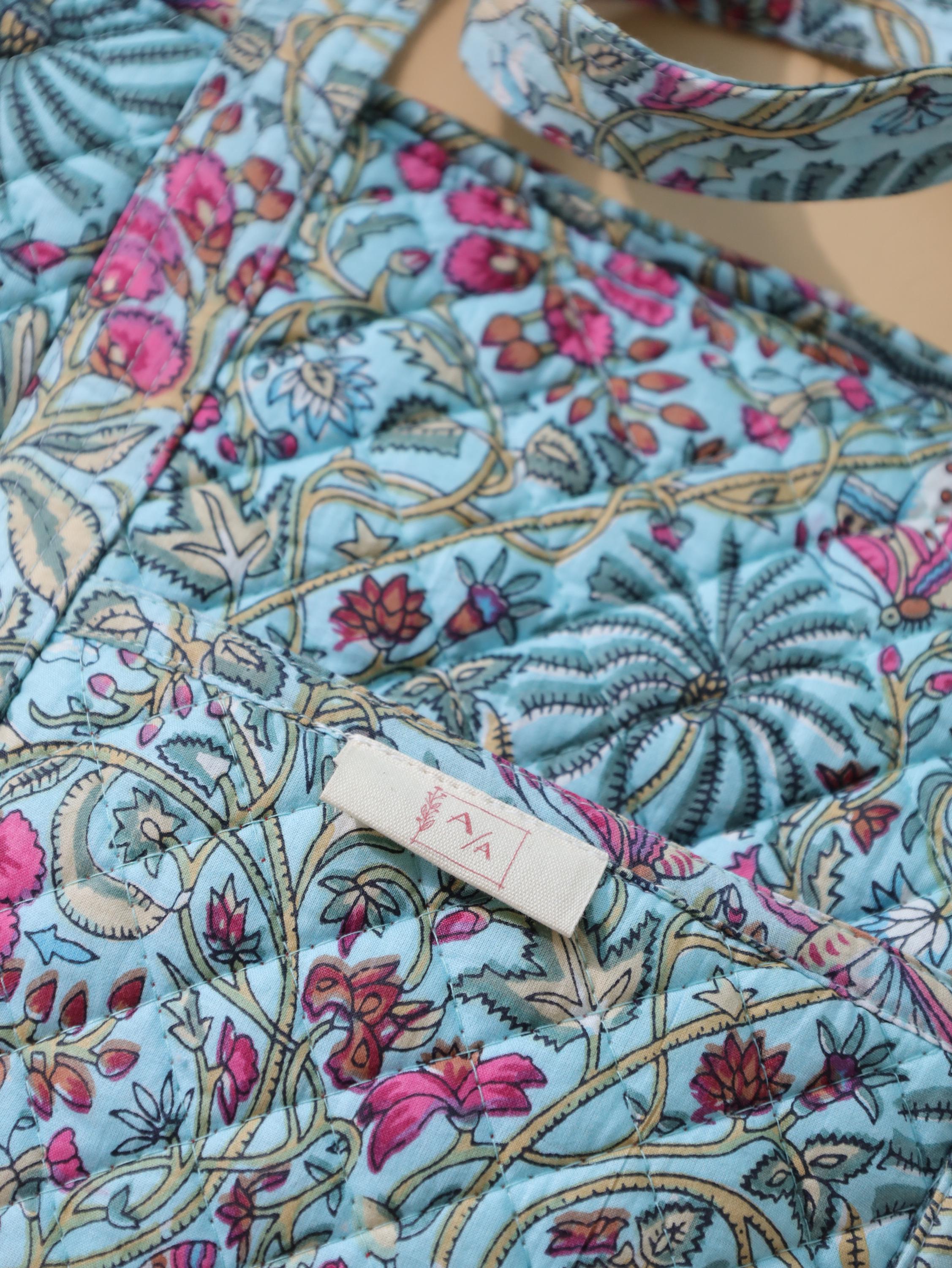 Luxury Handmade Tote Bag - Aqua Teal Pink Floral Block Print Sustainable Cotton Shopping Bag