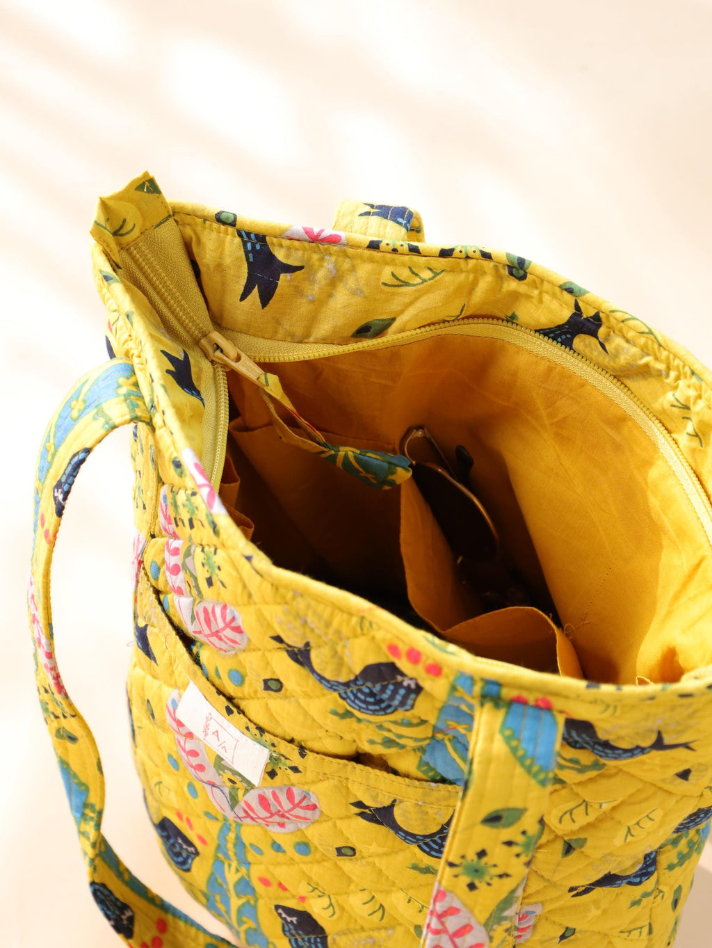 Handmade Quilted Cotton Tote Bag (12H x 9W x 5D) – Yellow Printed Everyday Carry Bag