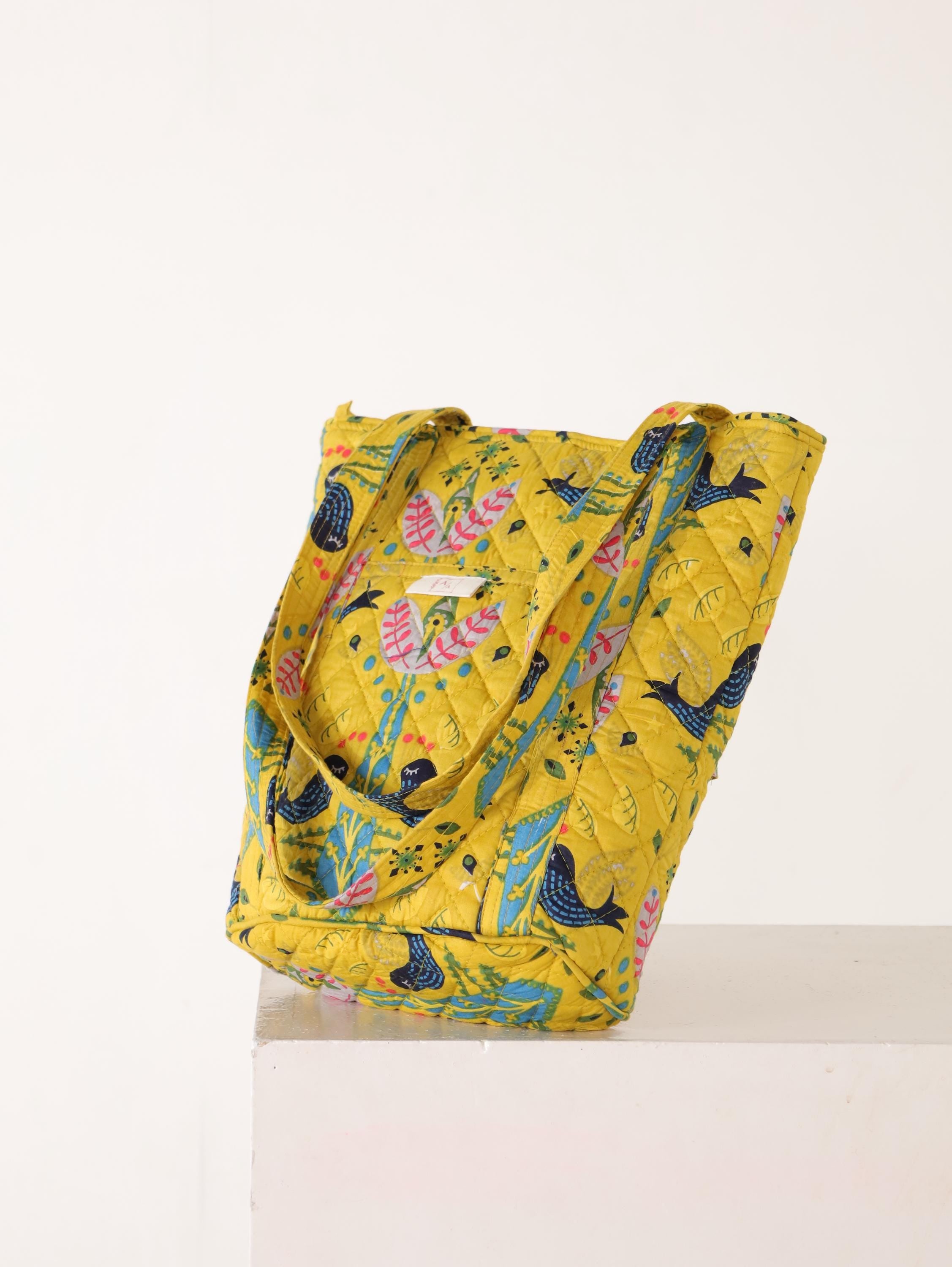 Handmade Quilted Cotton Tote Bag (12H x 9W x 5D) – Yellow Printed Everyday Carry Bag