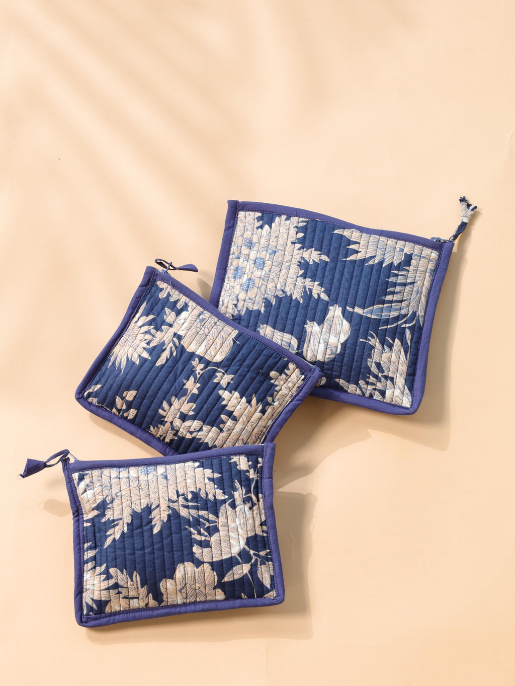 Block Print Cotton Pouch Set - Handmade Travel Organizer with Pink Floral - Cosmetic and Jewelry Bags
