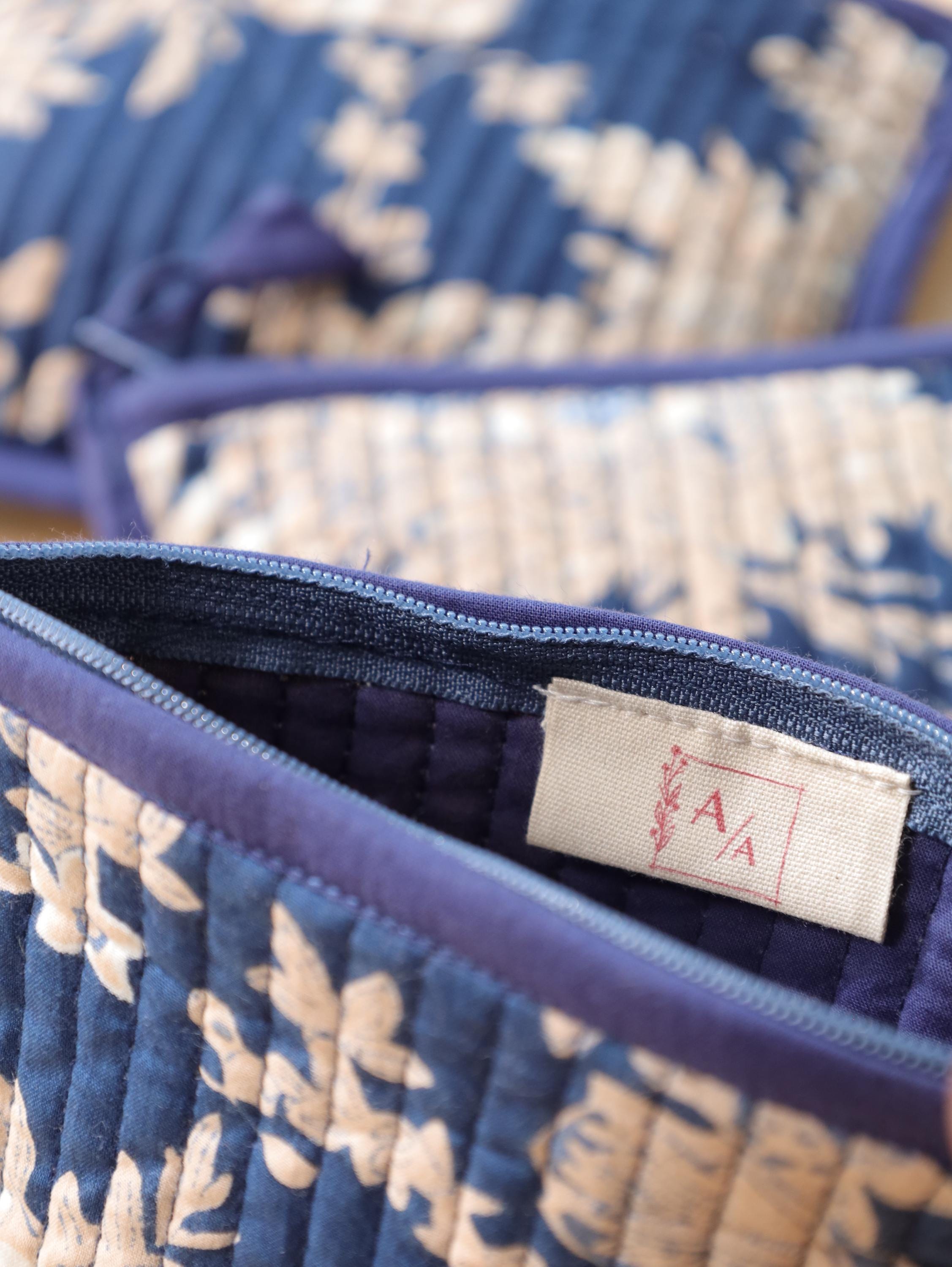 Block Print Cotton Pouch Set - Handmade Travel Organizer with Pink Floral - Cosmetic and Jewelry Bags