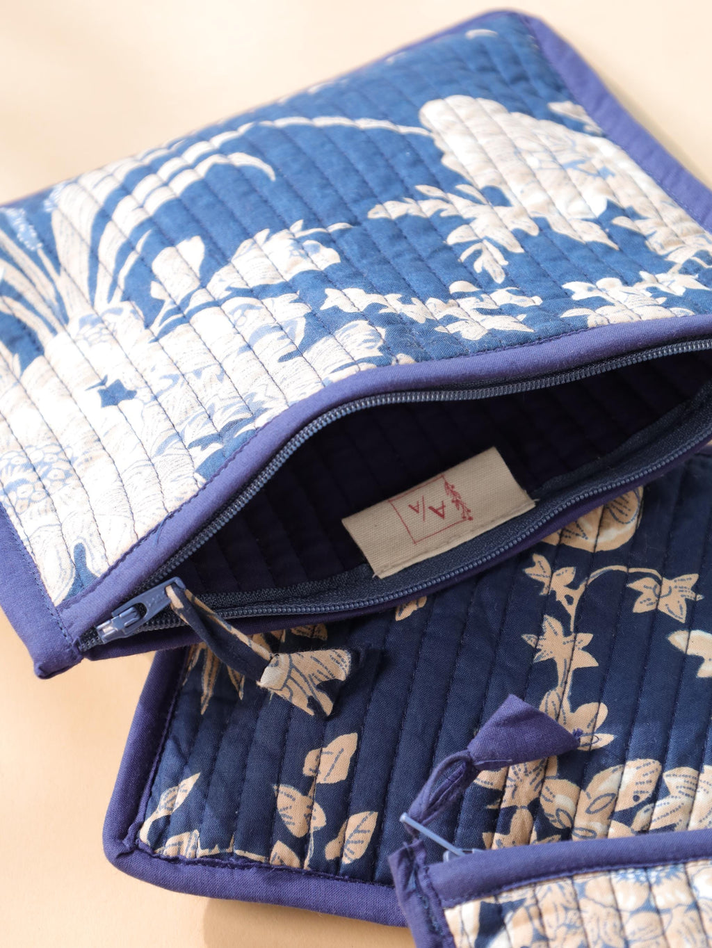 Block Print Cotton Pouch Set - Handmade Travel Organizer with Pink Floral - Cosmetic and Jewelry Bags