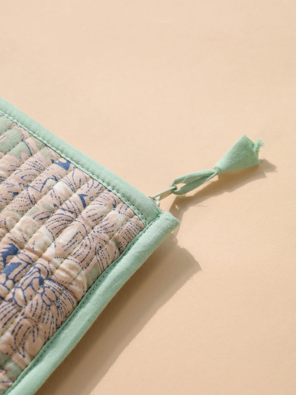 Block Print Cotton Pouch Set - Handmade Travel Organizer with Sage Green Floral - Cosmetic and Jewelry Bags