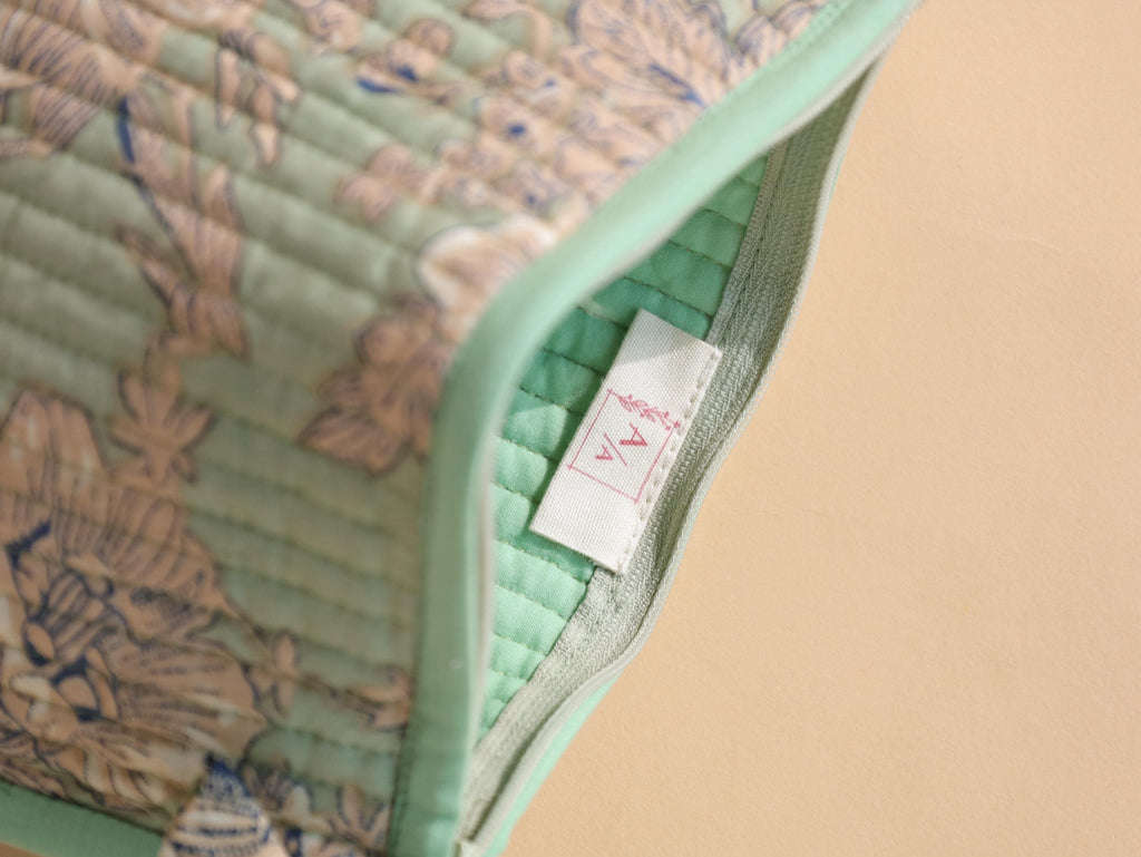 Block Print Cotton Pouch Set - Handmade Travel Organizer with Sage Green Floral - Cosmetic and Jewelry Bags