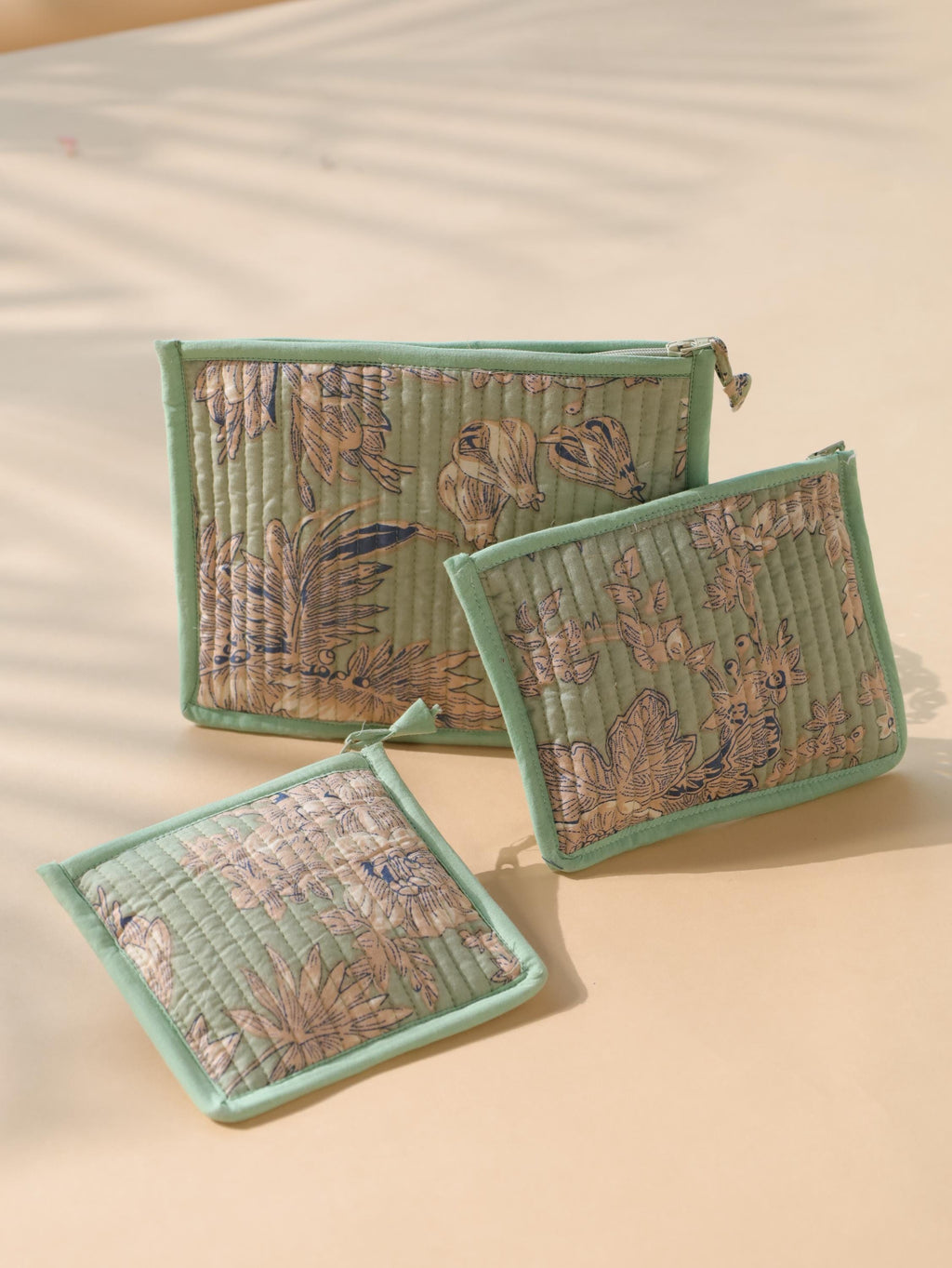 Block Print Cotton Pouch Set - Handmade Travel Organizer with Sage Green Floral - Cosmetic and Jewelry Bags