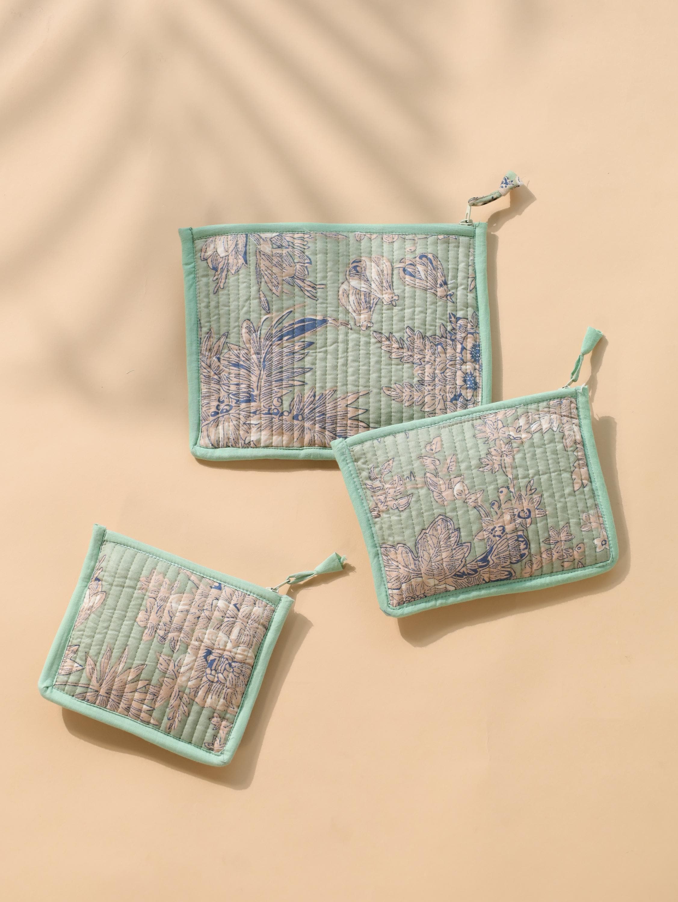 Block Print Cotton Pouch Set - Handmade Travel Organizer with Sage Green Floral - Cosmetic and Jewelry Bags