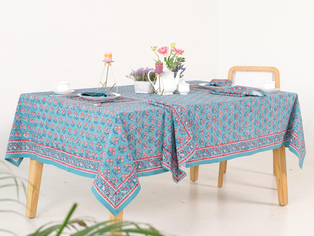 Luxury Floral Block Printed Tablecloth - Handmade Cotton Dining Table Cover with Turquoise Red Floral