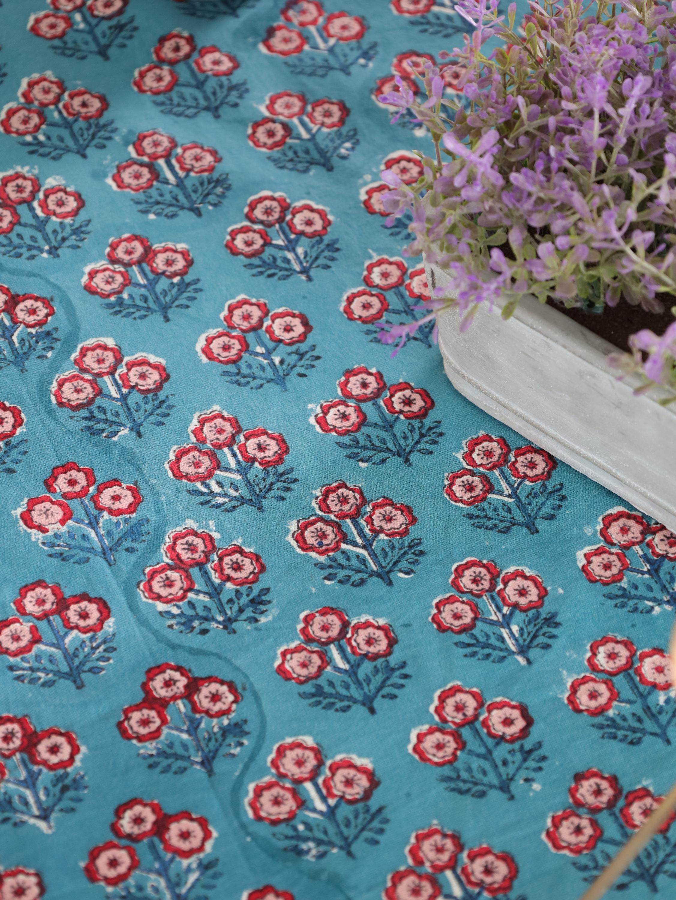 Luxury Floral Block Printed Tablecloth - Handmade Cotton Dining Table Cover with Turquoise Red Floral